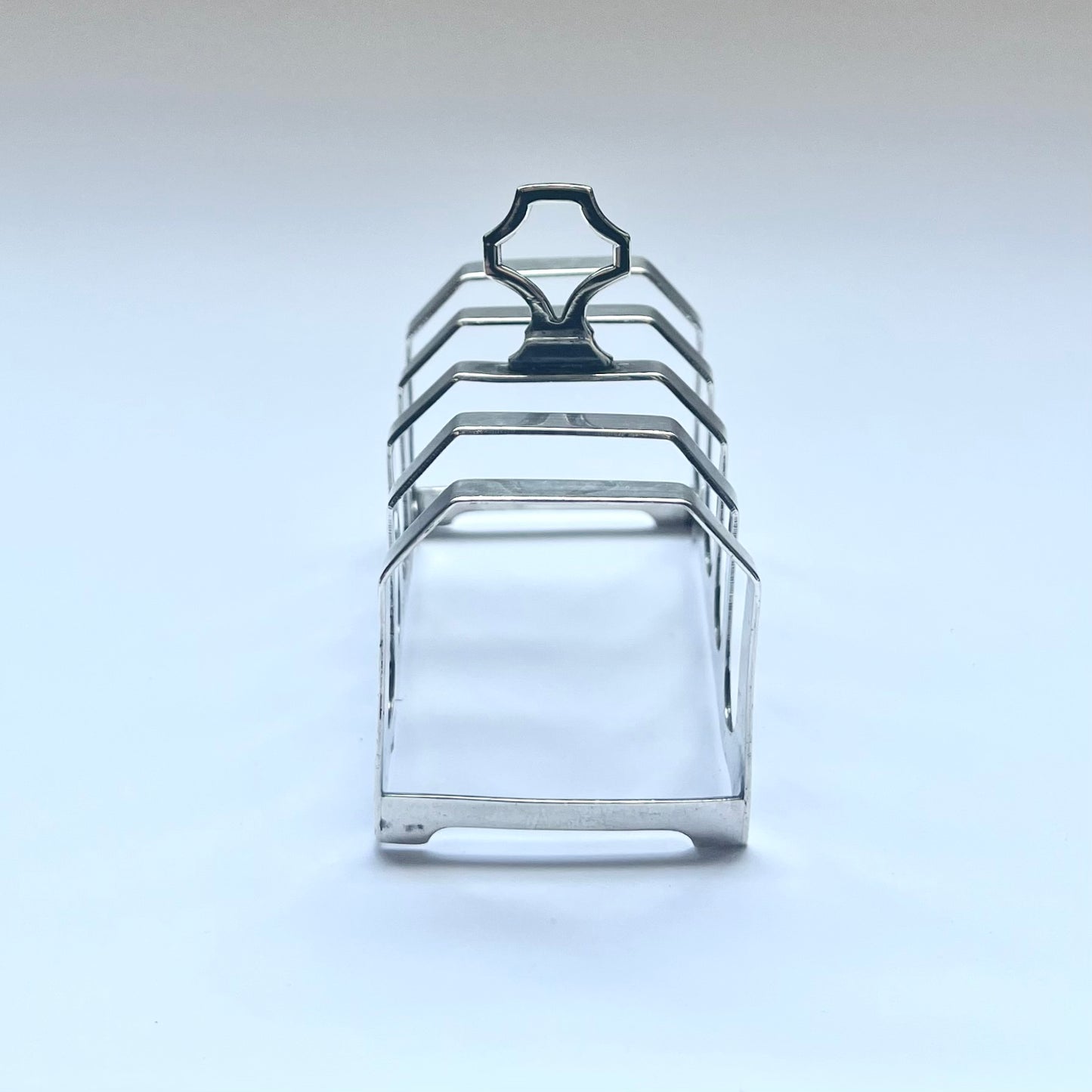 Vintage near antique English sterling silver Art Deco George V toast rack, with marks for Marson & Jones, Birmingham, 1933