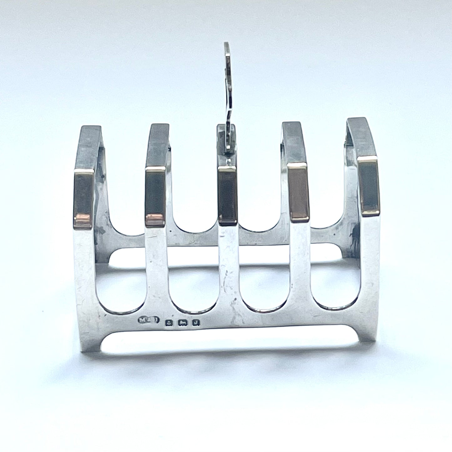 Vintage near antique English sterling silver Art Deco George V toast rack, with marks for Marson & Jones, Birmingham, 1933