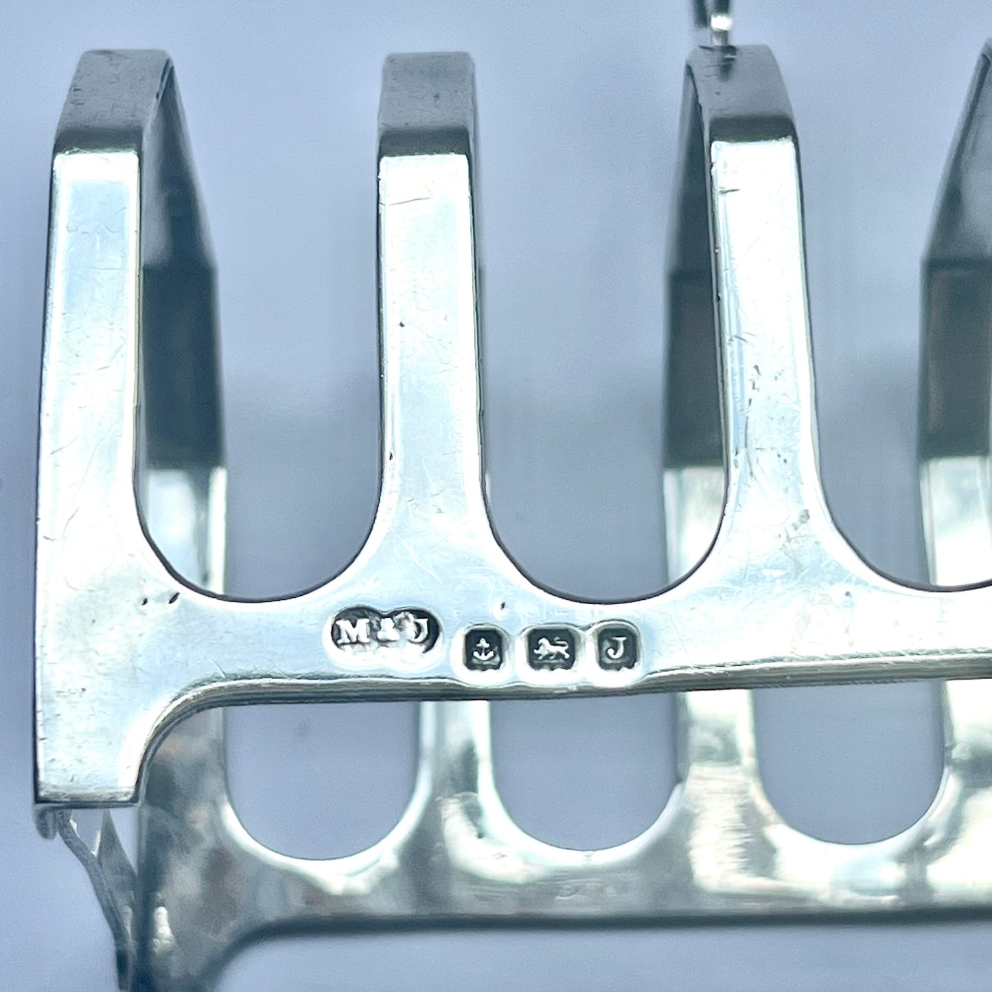 Vintage near antique English sterling silver Art Deco George V toast rack, with marks for Marson & Jones, Birmingham, 1933