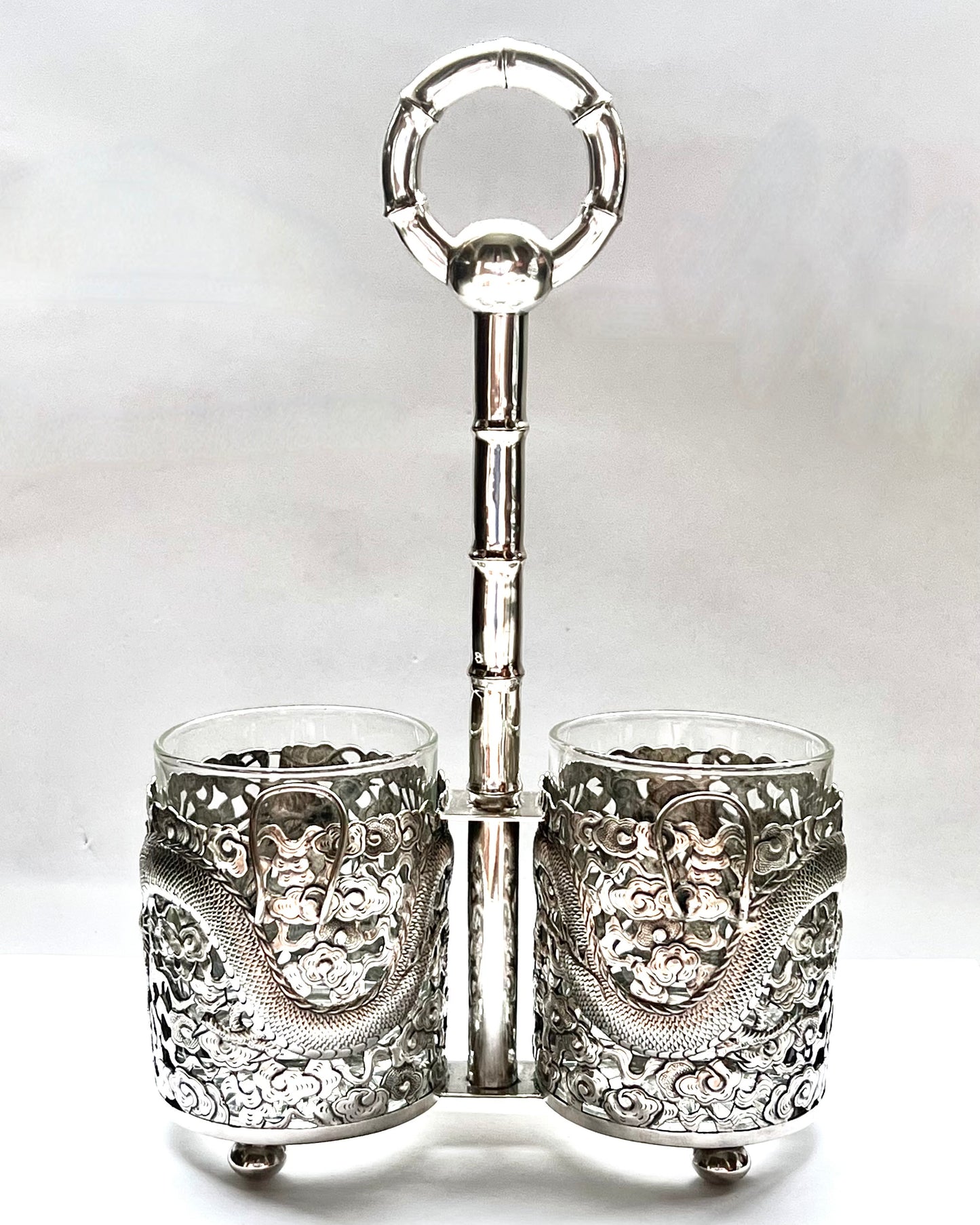 Antique Chinese export silver Dragon Motif twin drinks or bottle holder, with marks for Shao Ying Tang and Zee Sung