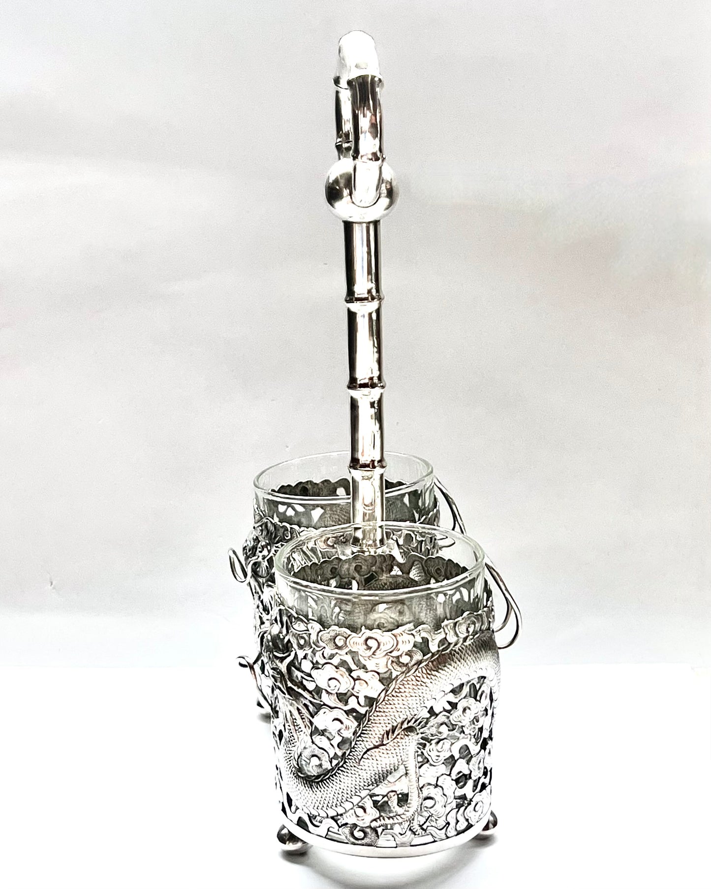 Antique Chinese export silver Dragon Motif twin drinks or bottle holder, with marks for Shao Ying Tang and Zee Sung