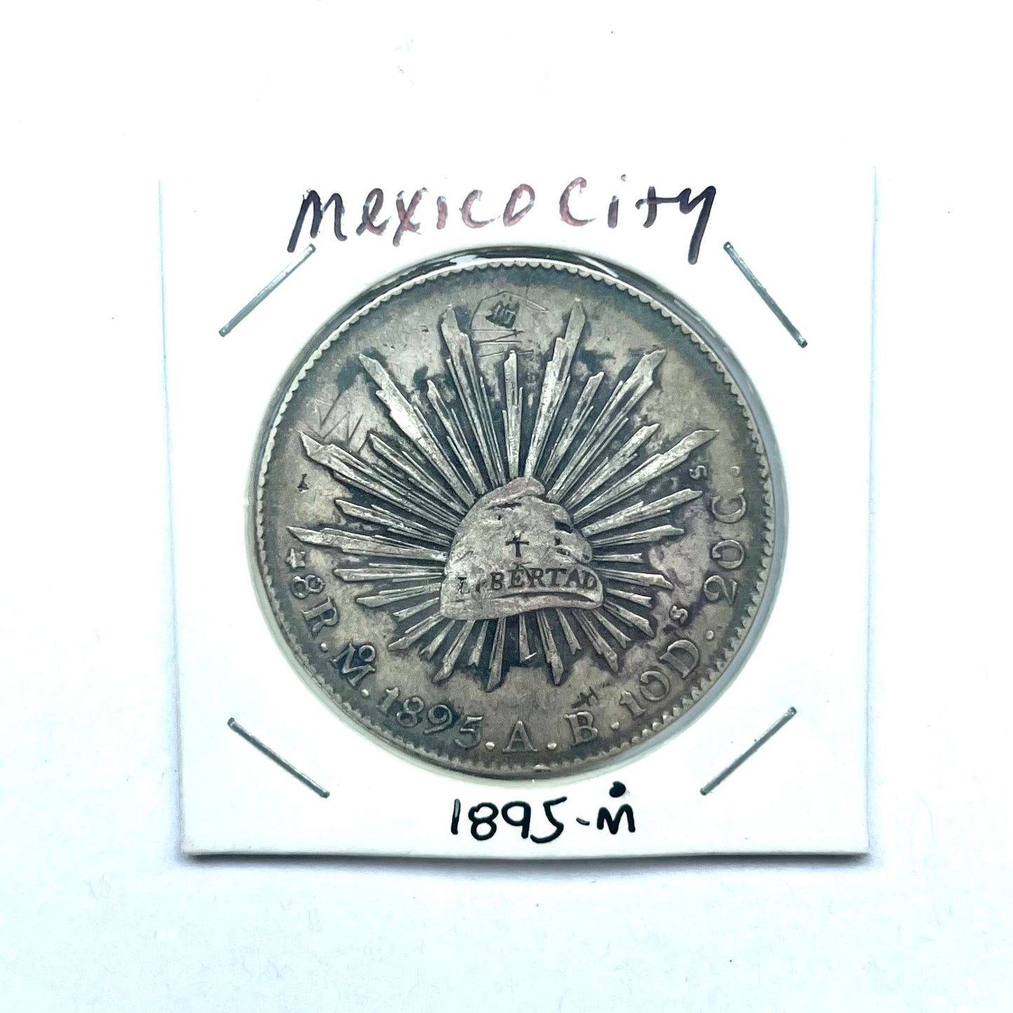 Antique Chinese Chopmarked Mexican Republic Libertad Cap and Rays Silver 8 Reales coin, Mexico City Mint circa 1895