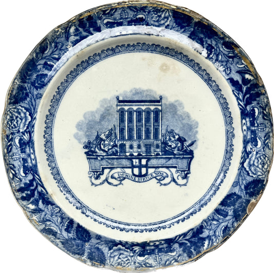 Antique early to mid 19th century English blue and white transfer ware pattern plate, Staffordshire, City of London motto and motifs