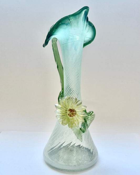 Antique green and opalescent glass jack in the pulpit vase with applied glass floral decorations, likely Czechoslovakian.