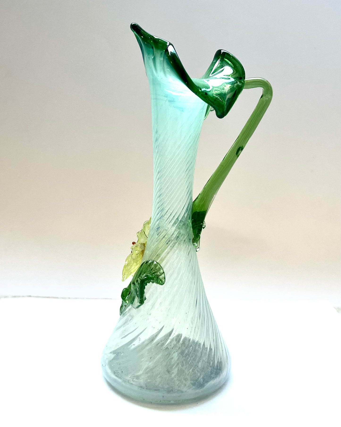 Antique green and opalescent glass jack in the pulpit vase with applied glass floral decorations, likely Czechoslovakian.