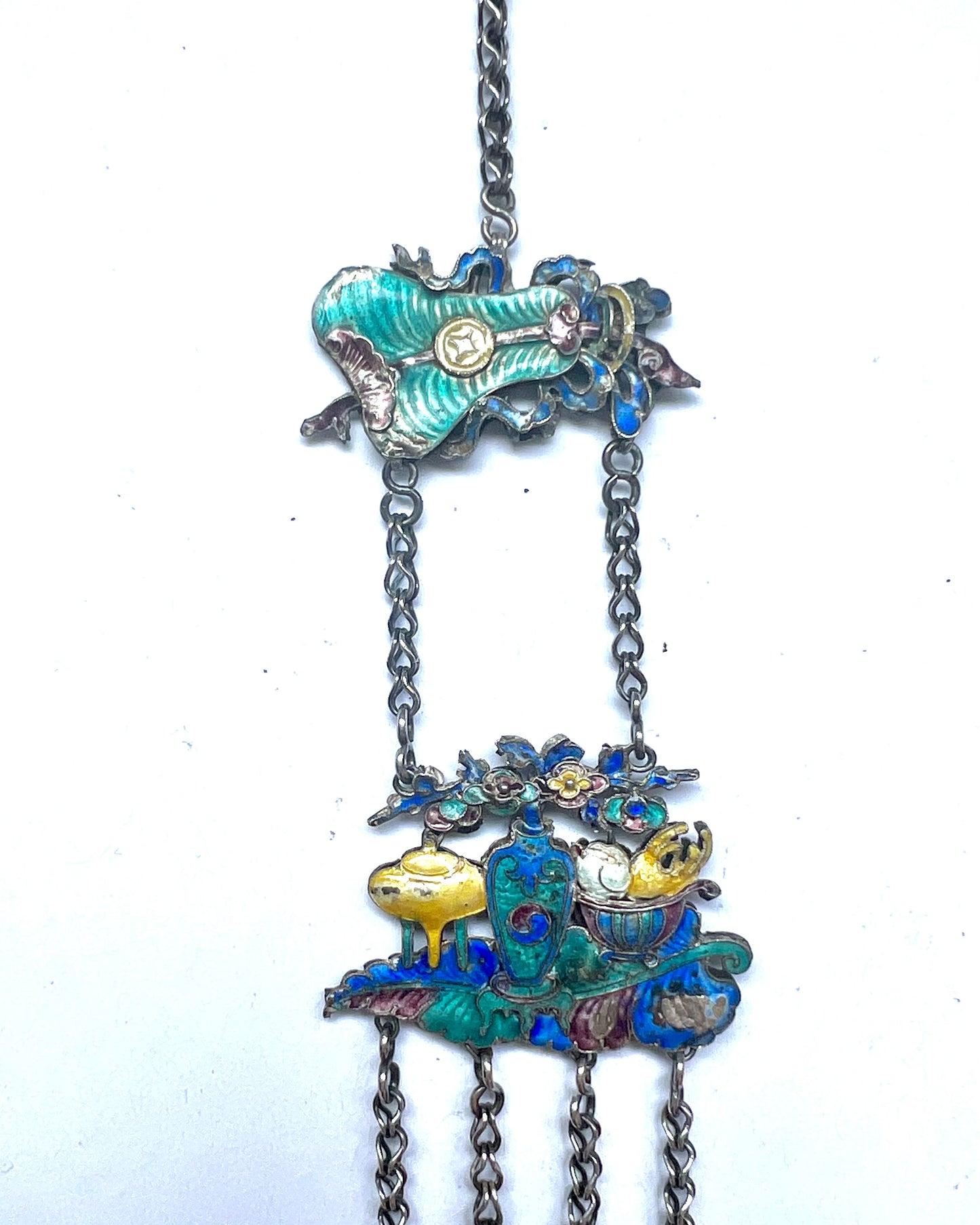 Mid to Late Qing enamel and silver opium chatelaine, Chinese Domestic possibly Export Silver