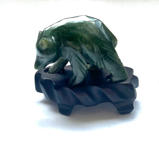 20th Century Chinese spinach jade bear figurine with original stand