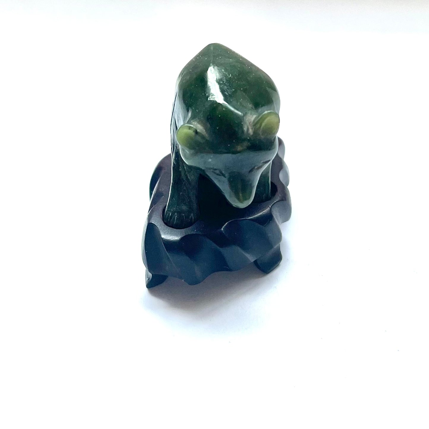 20th Century Chinese spinach jade bear figurine with original stand