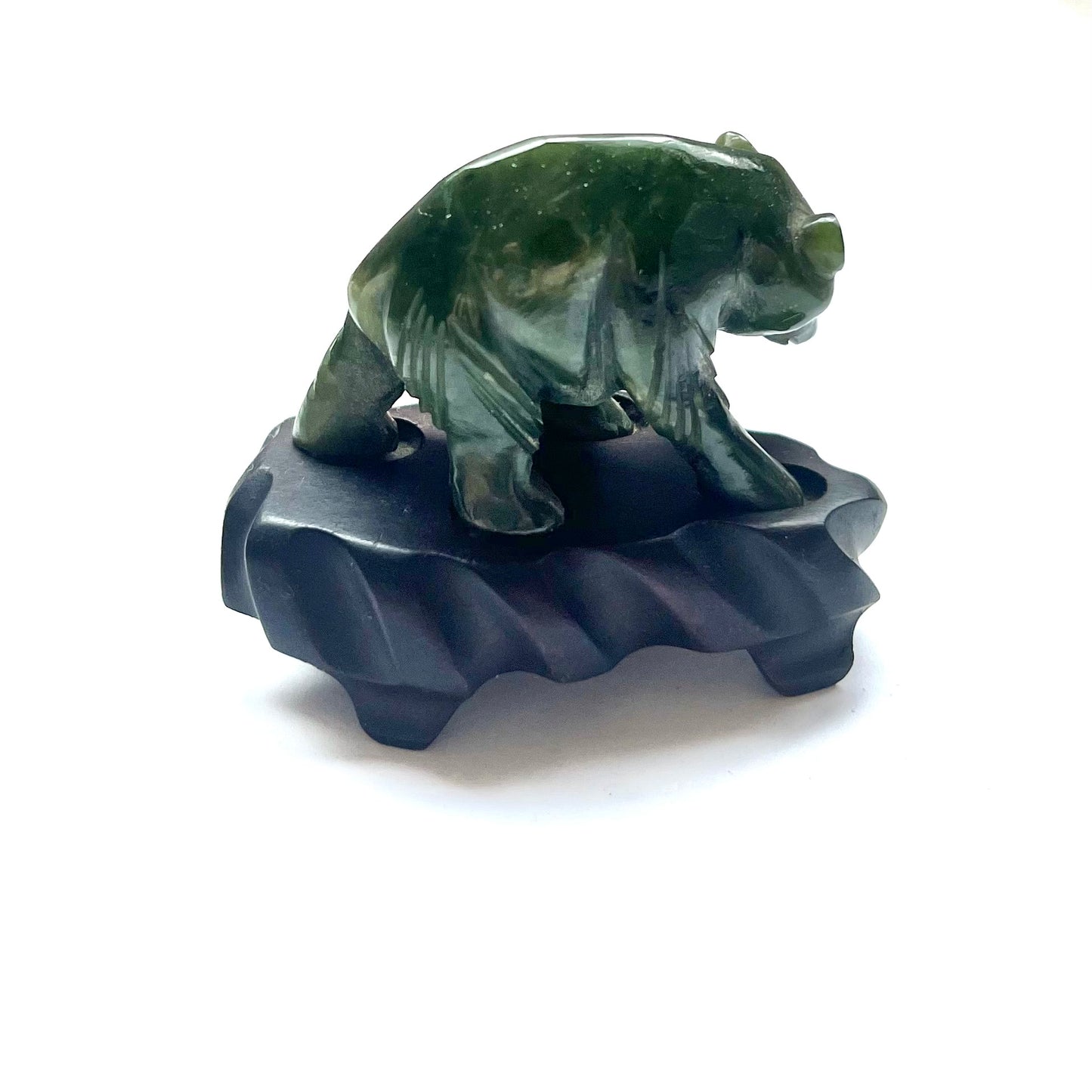 20th Century Chinese spinach jade bear figurine with original stand