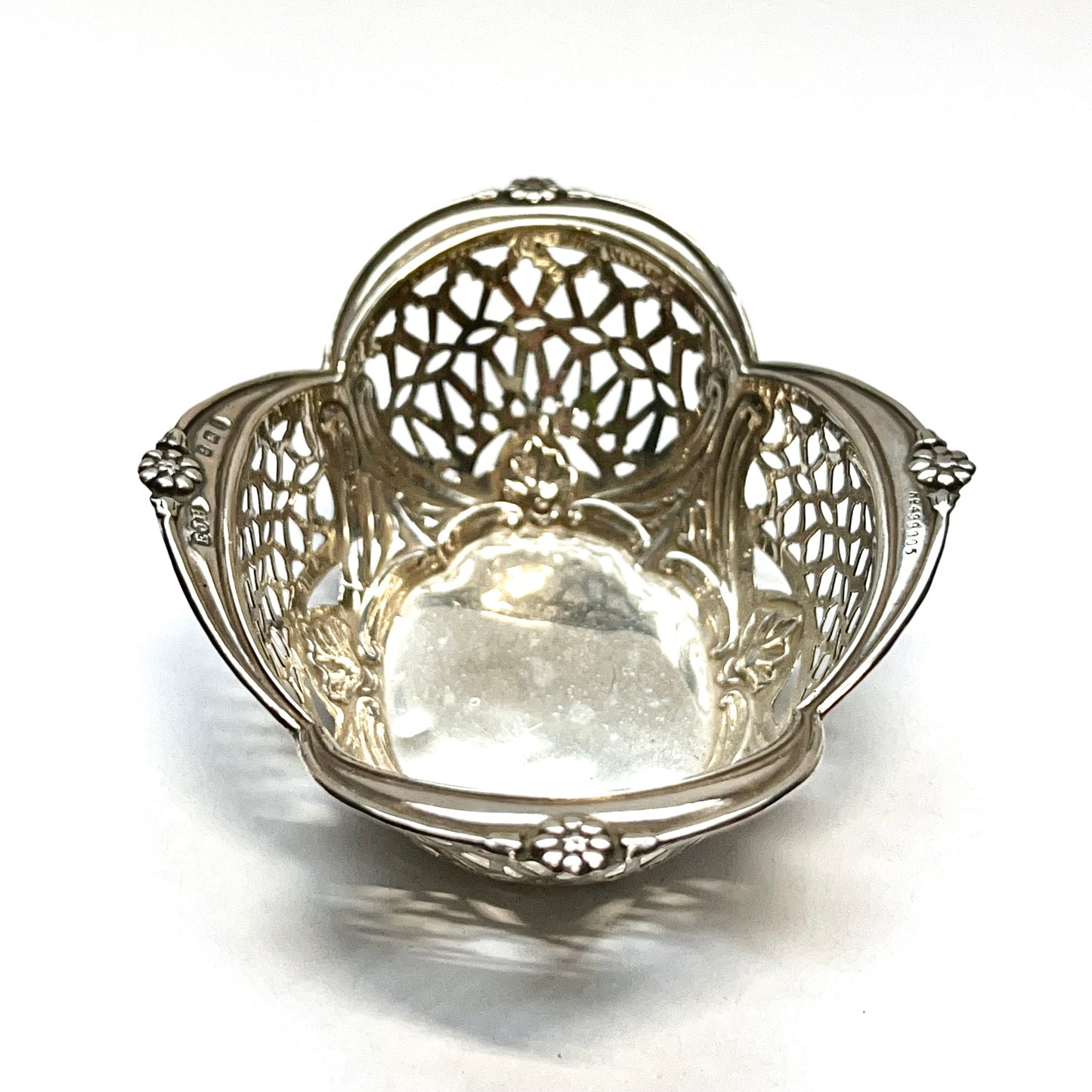 Antique English sterling silver bonbon dish with pierced design, marks for Edwin Joseph Houlston, 1908, Birmingham