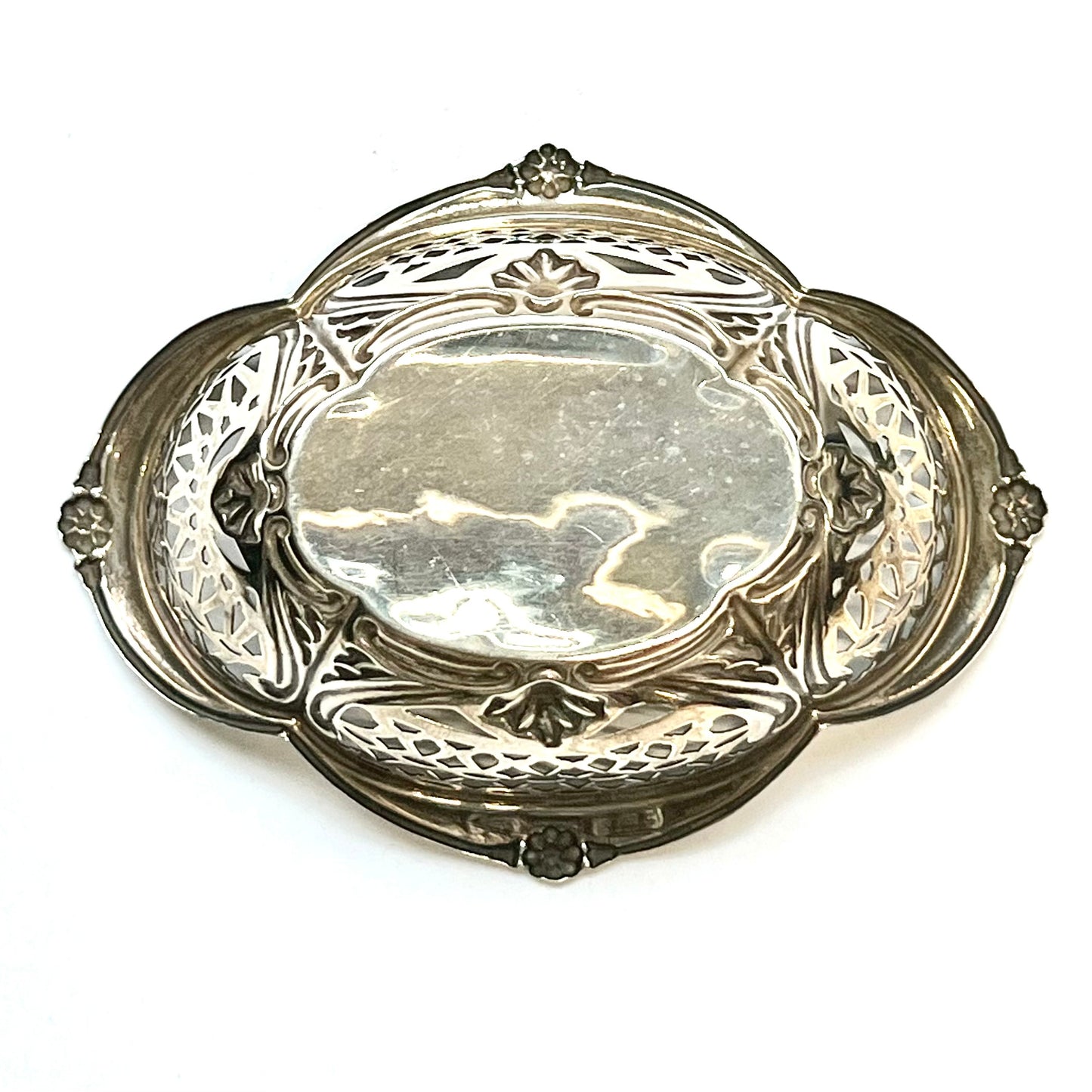 Antique English sterling silver bonbon dish with pierced design, marks for Edwin Joseph Houlston, 1908, Birmingham