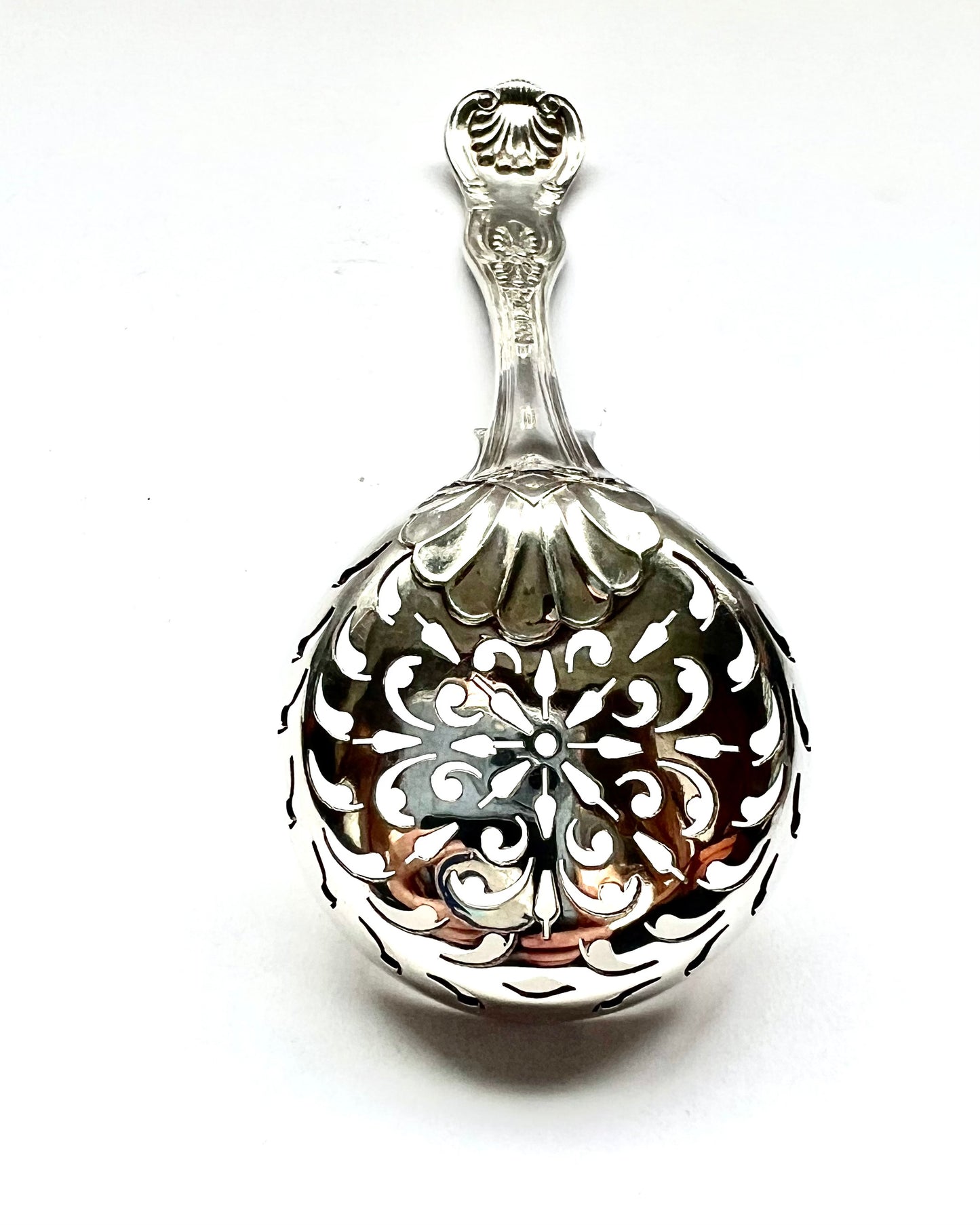 Antique High Victorian sterling silver sugar sifter, double struck in King’s Pattern. Marks for Francis Higgins II, London, 1861