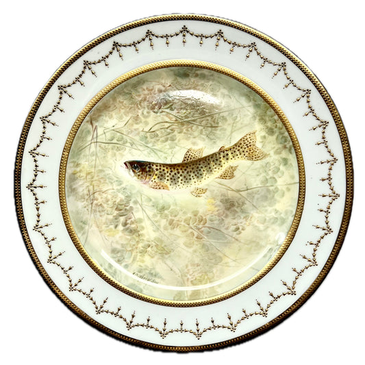 Antique 1910s Doulton handpainted “American Char” plate by Joseph Birbeck Senior for Davis Collamore