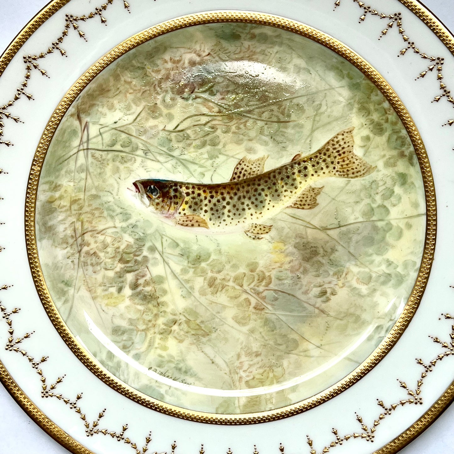 Antique 1910s Doulton handpainted “American Char” plate by Joseph Birbeck Senior for Davis Collamore