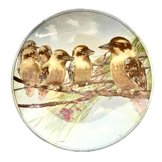 Midcentury Royal Staffordshire Wilkinson Ltd Kookaburras plate, hand-painted by I. A. Crisp in England circa 1950s