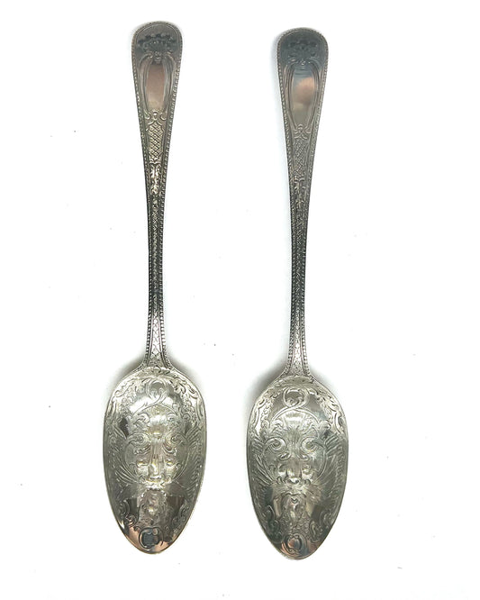 Pair of Georgian sterling silver “Green Man” spoons, marks for Thomas Tookey, London, 1777