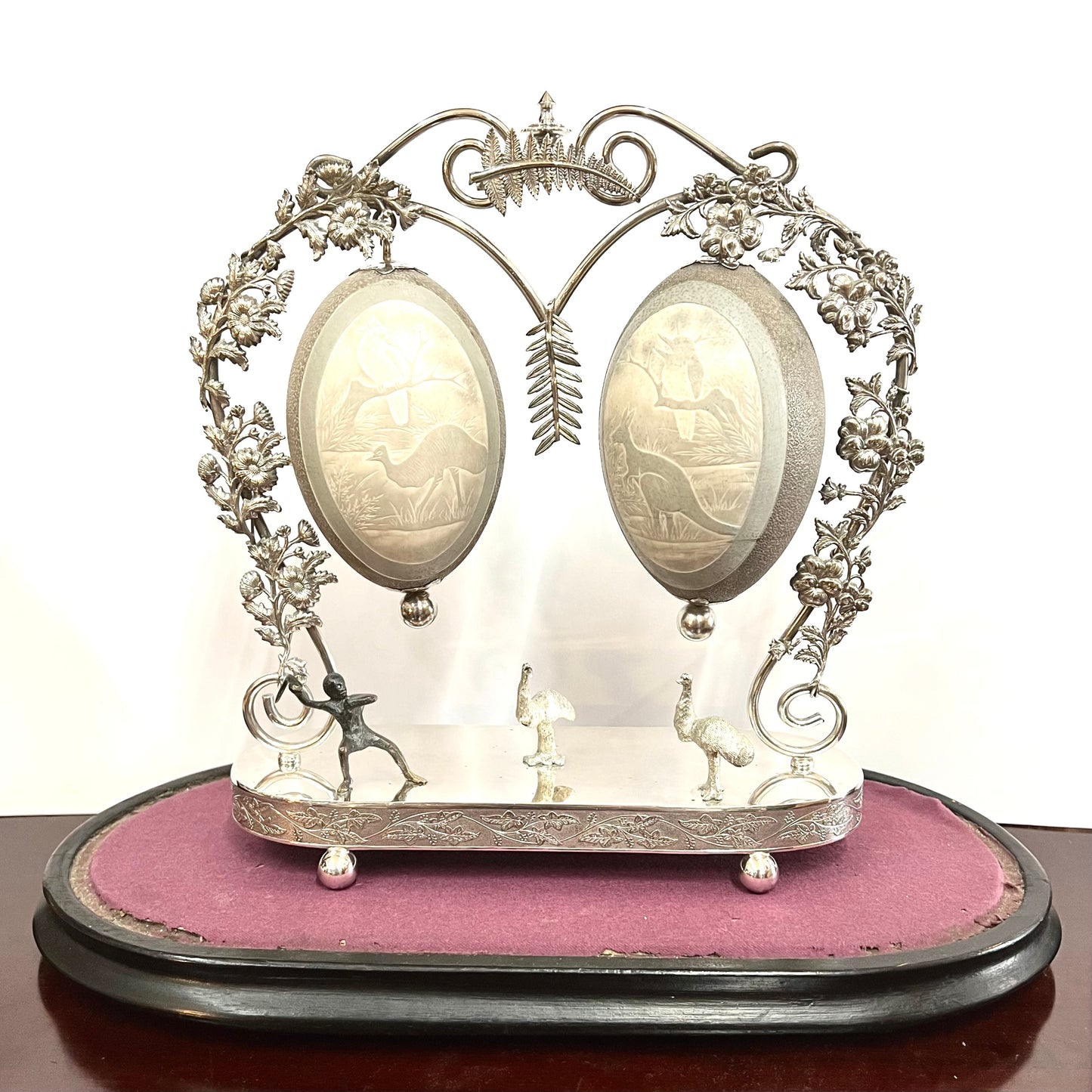 Exceptional early Australiana late 19th century silver plated centrepiece with double mounted and carved emu eggs