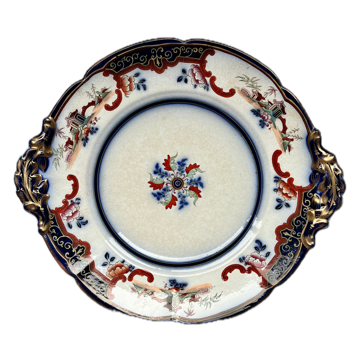 Lovely chinoiserie  Victorian twin-handled stoneware platter circa 1845-1860s, J. Ridgway, Bates and Co