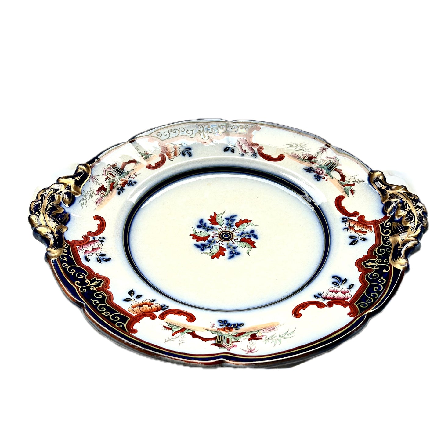 Lovely chinoiserie  Victorian twin-handled stoneware platter circa 1845-1860s, J. Ridgway, Bates and Co