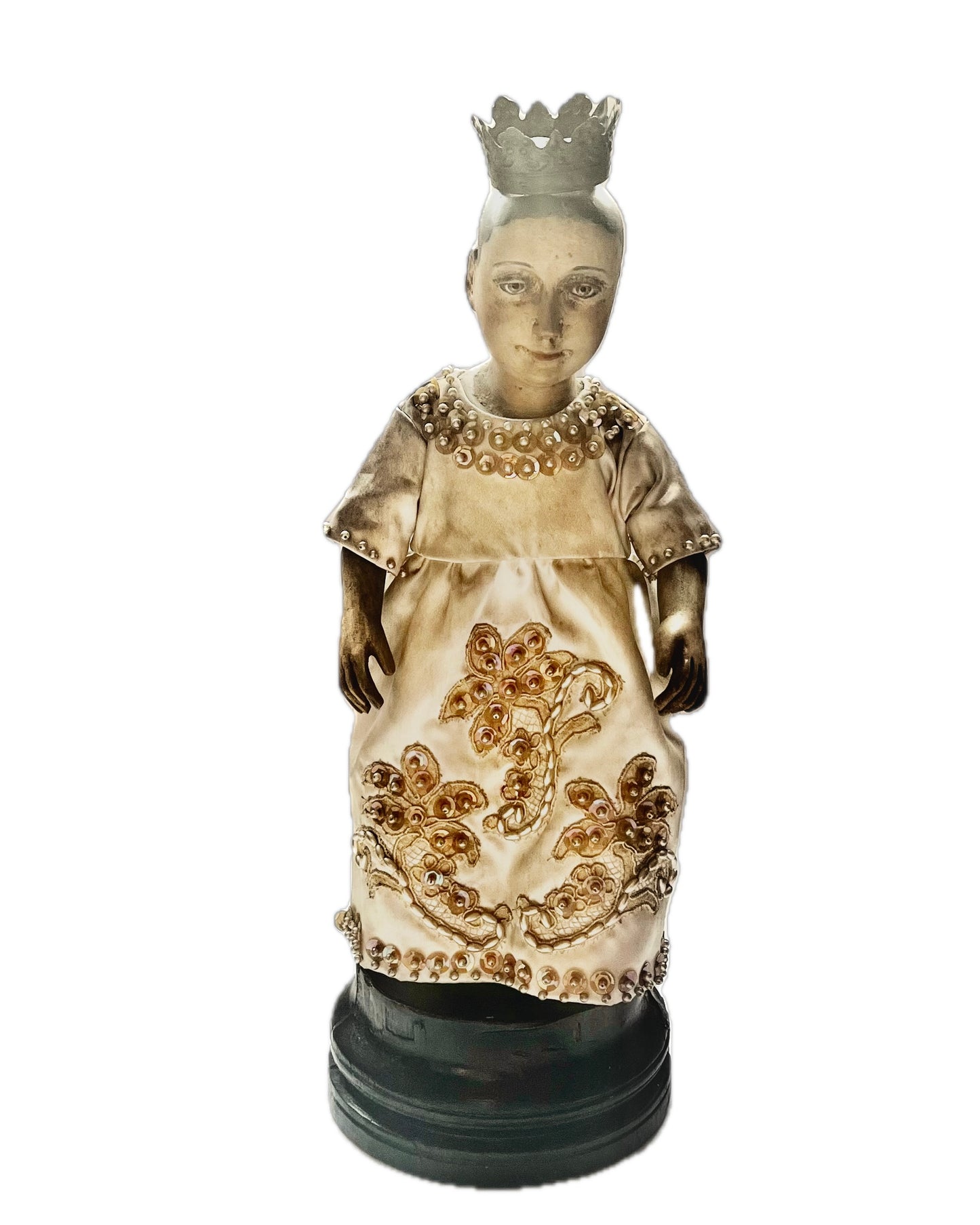 Antique mid to late 19th century timber statue from the Philippines with glass eyes depicting Santo Nino or the Child Jesus