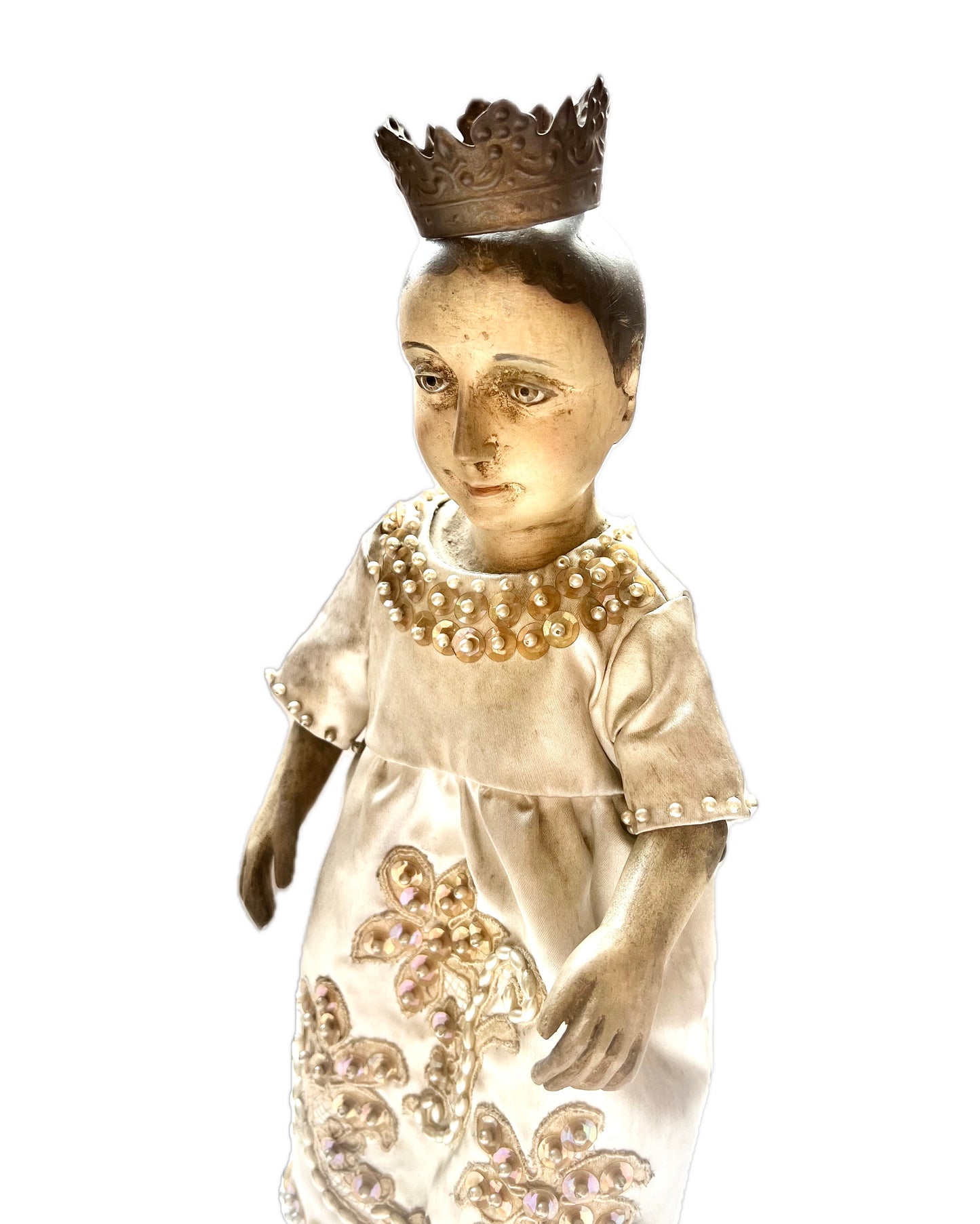 Antique mid to late 19th century timber statue from the Philippines with glass eyes depicting Santo Nino or the Child Jesus