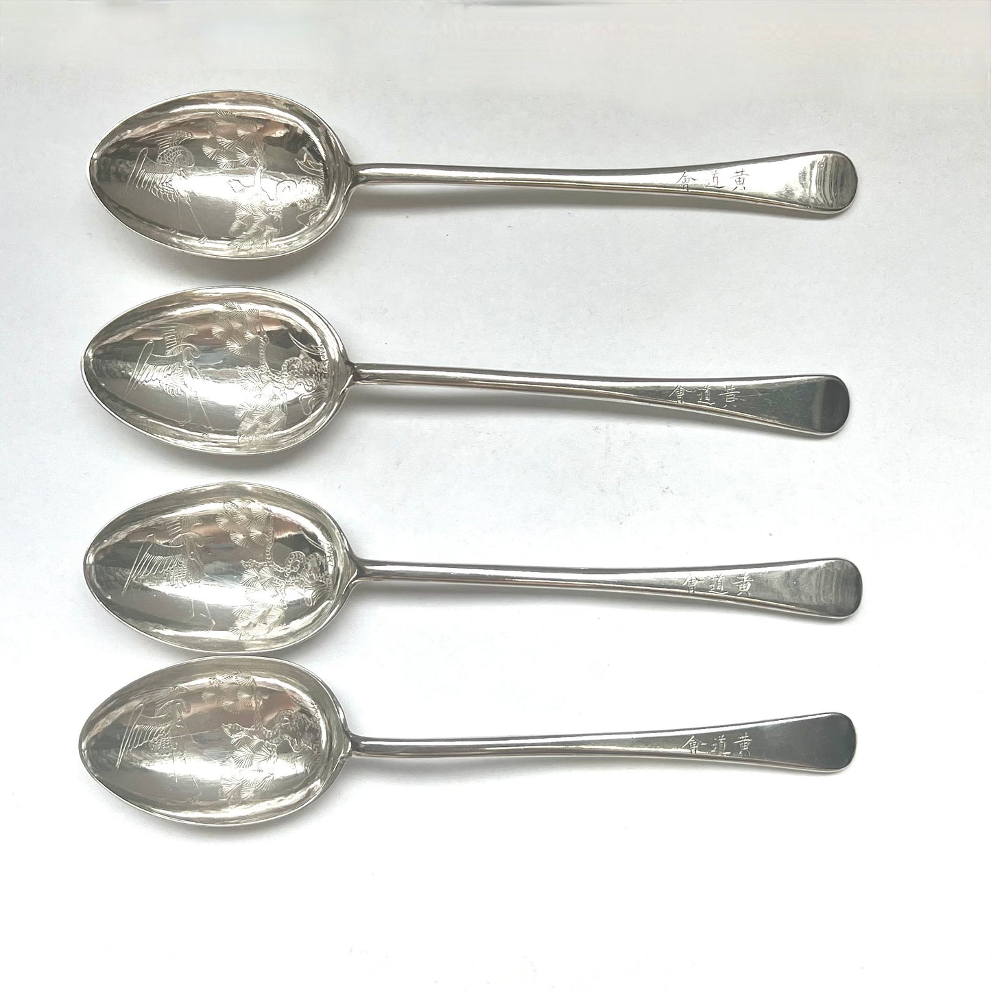 4 Chinese export silver spoons circa 1930s, Feng Xiang Yu Ji, Tientsin, marks of The Yellow Way Society