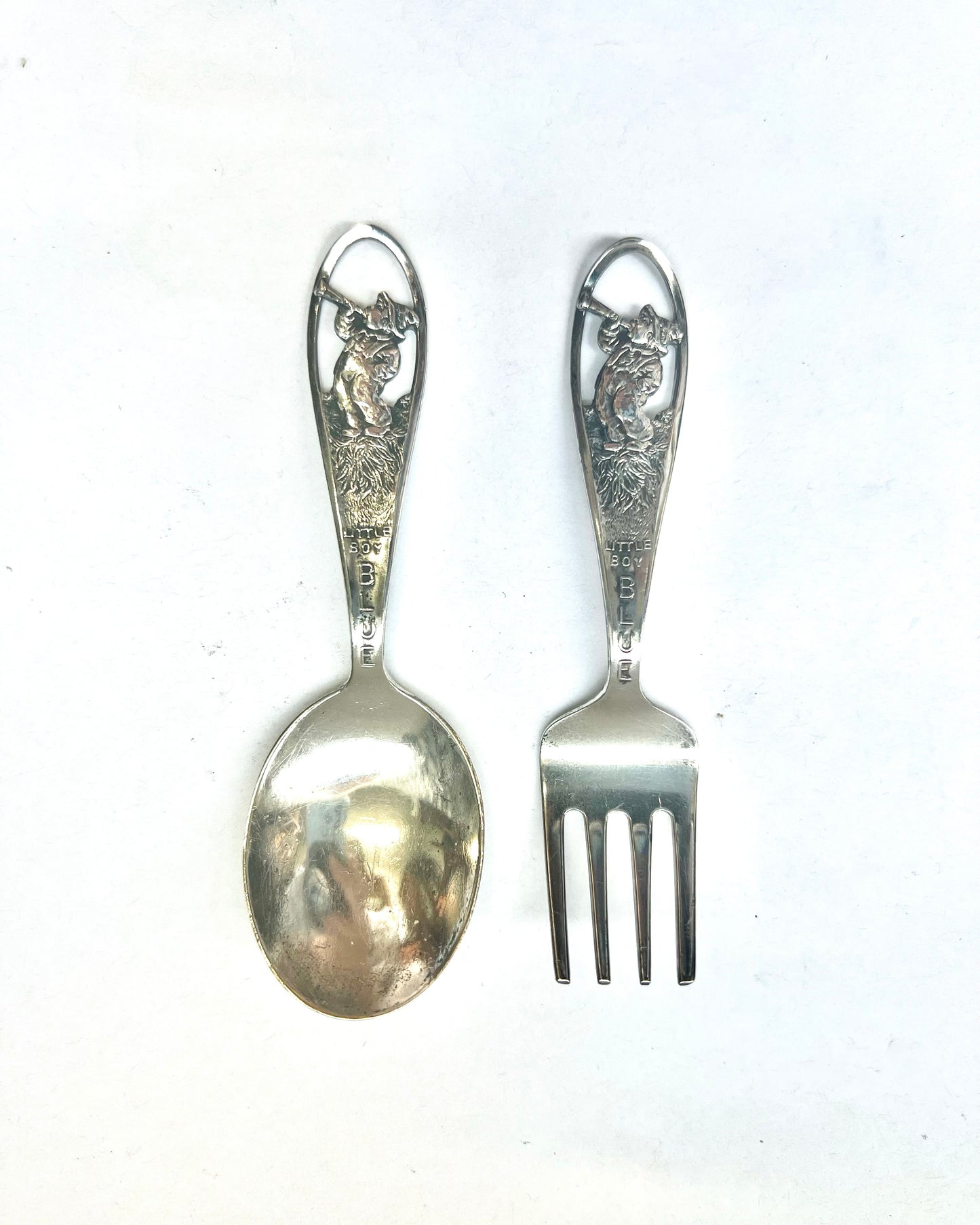 Little Boy Blue set of baby spoon and fork by Watson Sterling Company, 1920s to 1930s.