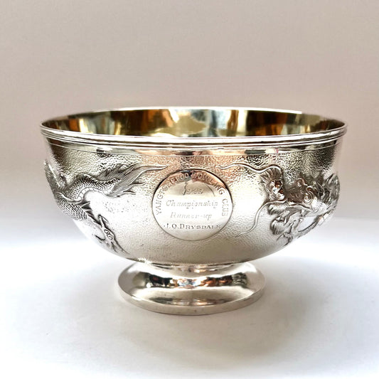 Antique Chinese export silver trophy bowl with twin dragon motifs, with marks for Tuck Chang, a renowned Shanghai retail silversmith