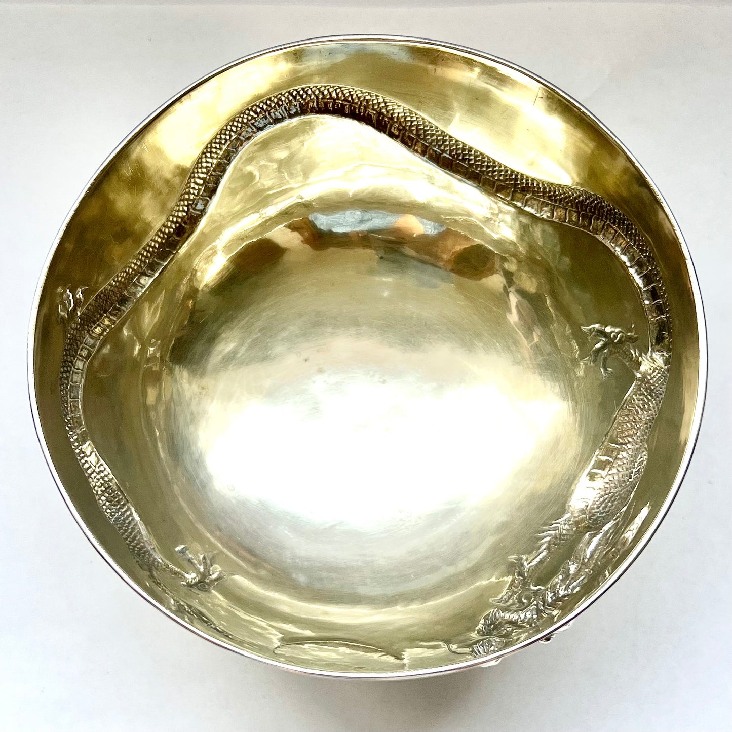 Antique Chinese export silver trophy bowl with twin dragon motifs, with marks for Tuck Chang, a renowned Shanghai retail silversmith