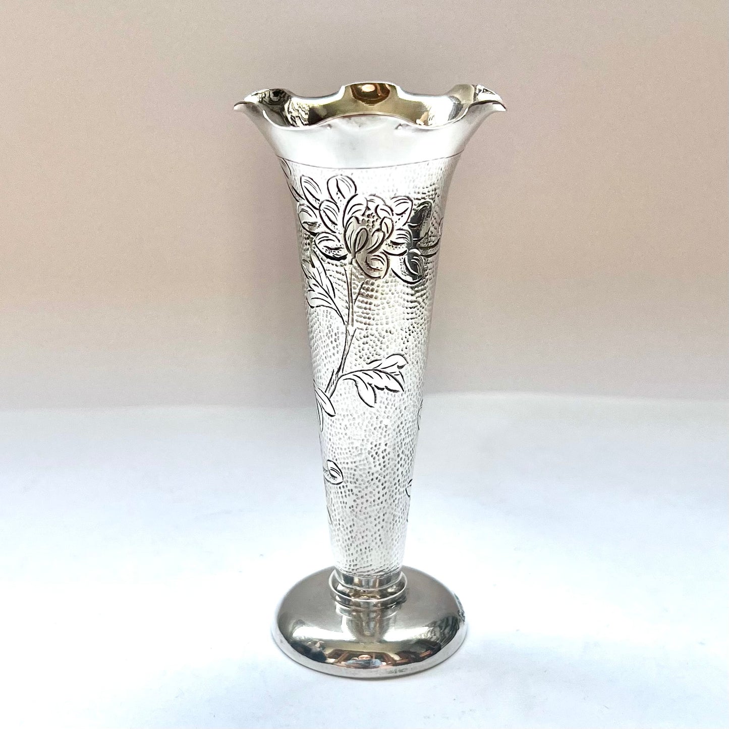 Antique Chinese Export Silver Trumpet Vase with weighted base, early 20th century by Wai Kee, Hong Kong