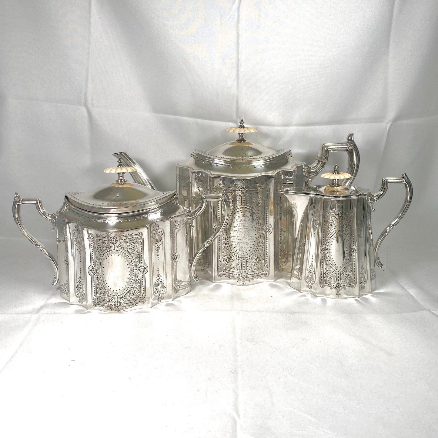 High Victorian Sterling Silver and Ivory Tea Set. James Dixon & Sons, Sheffield, 1878.