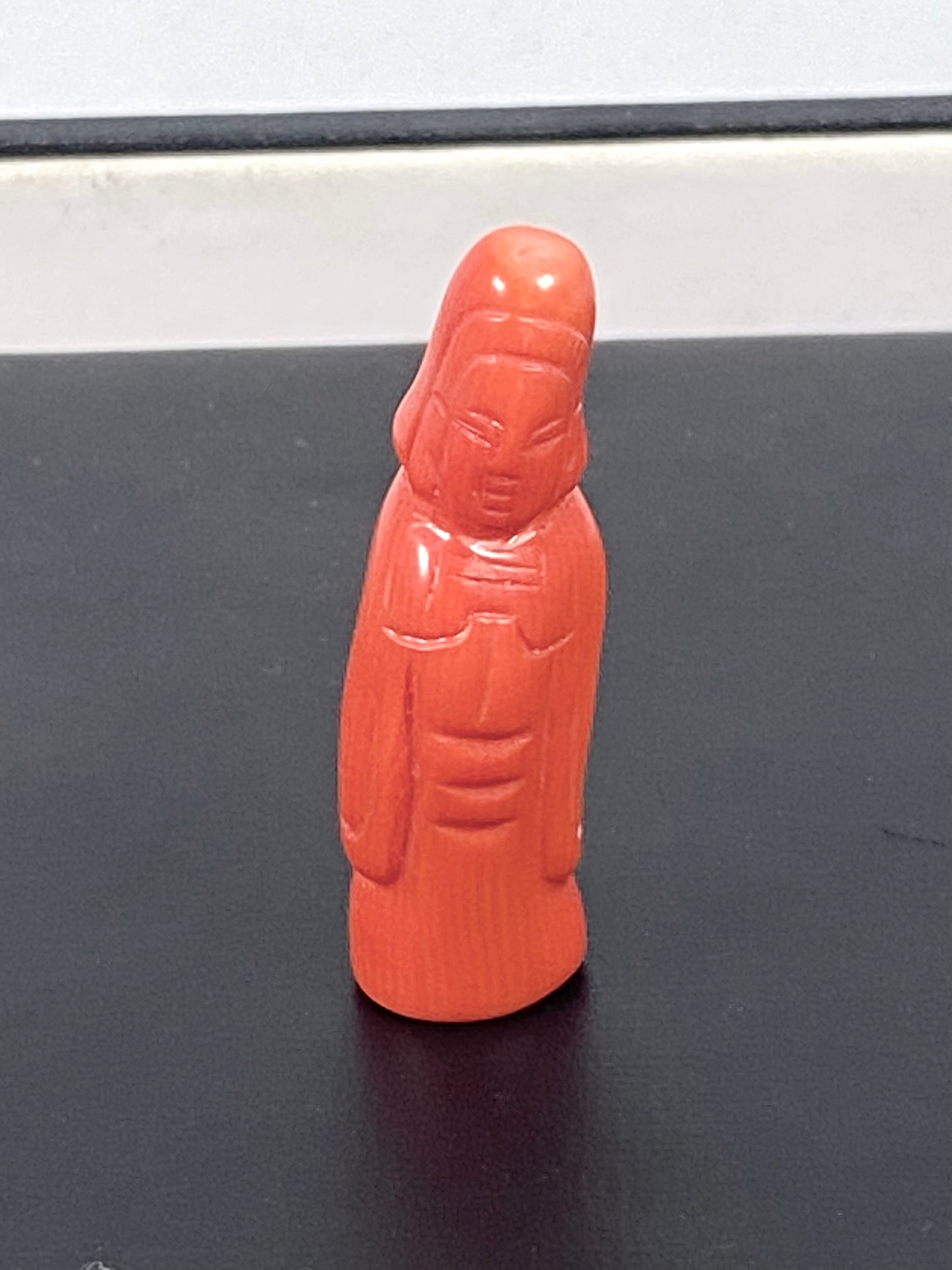 Midcentury Chinese carved coral Guanyin or Bodhisattva miniature figurine