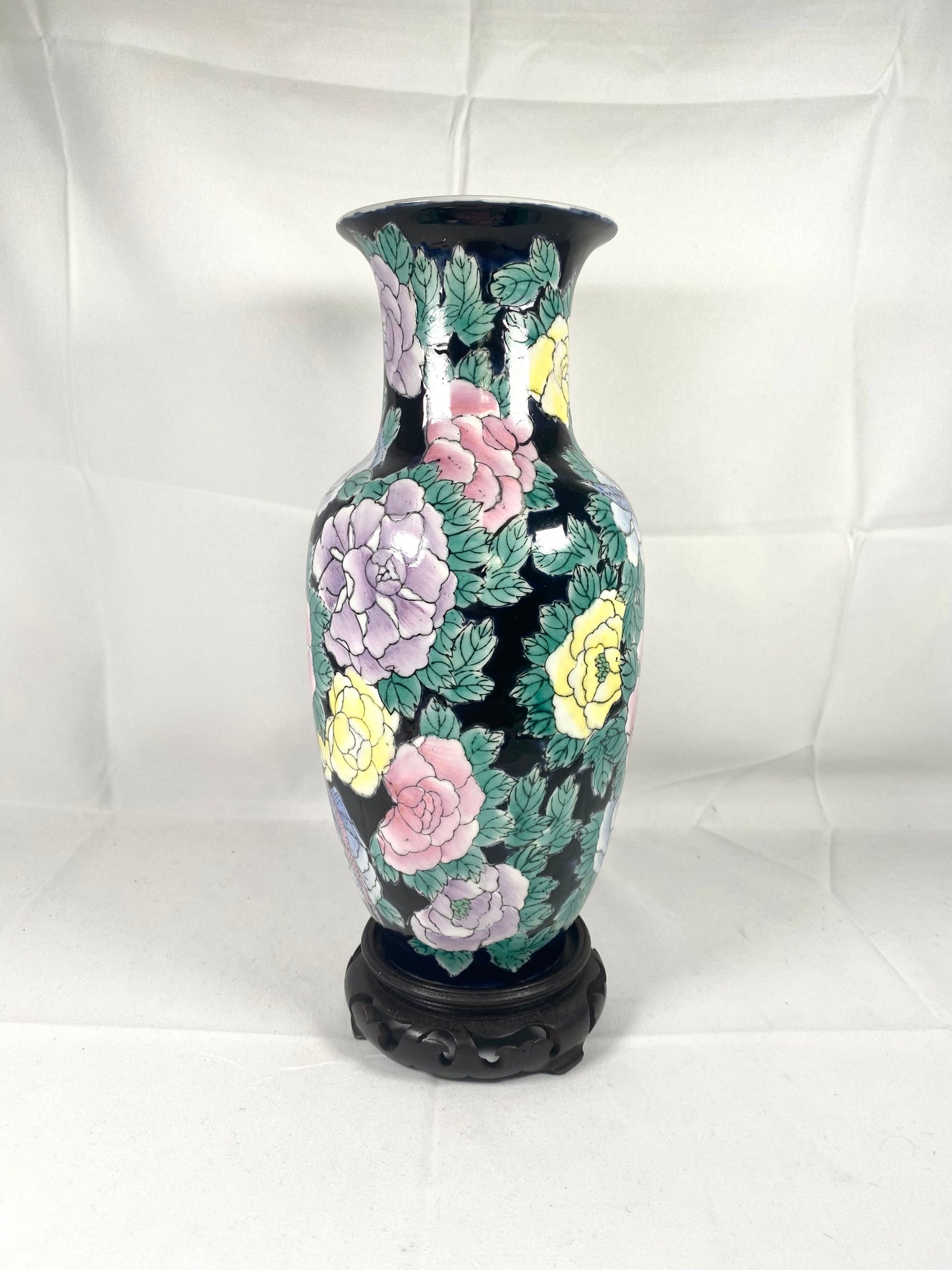 Vintage 1970s-80s Jingdezhen Black Famille Rose Vase, likely painted in Hong Kong