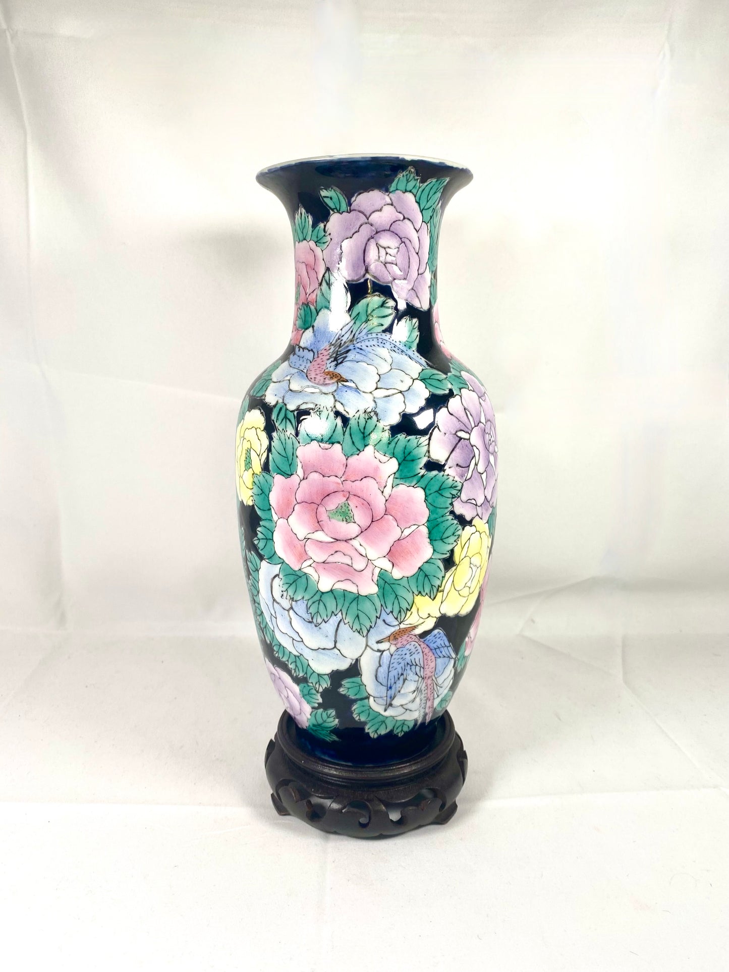 Vintage 1970s-80s Jingdezhen Black Famille Rose Vase, likely painted in Hong Kong