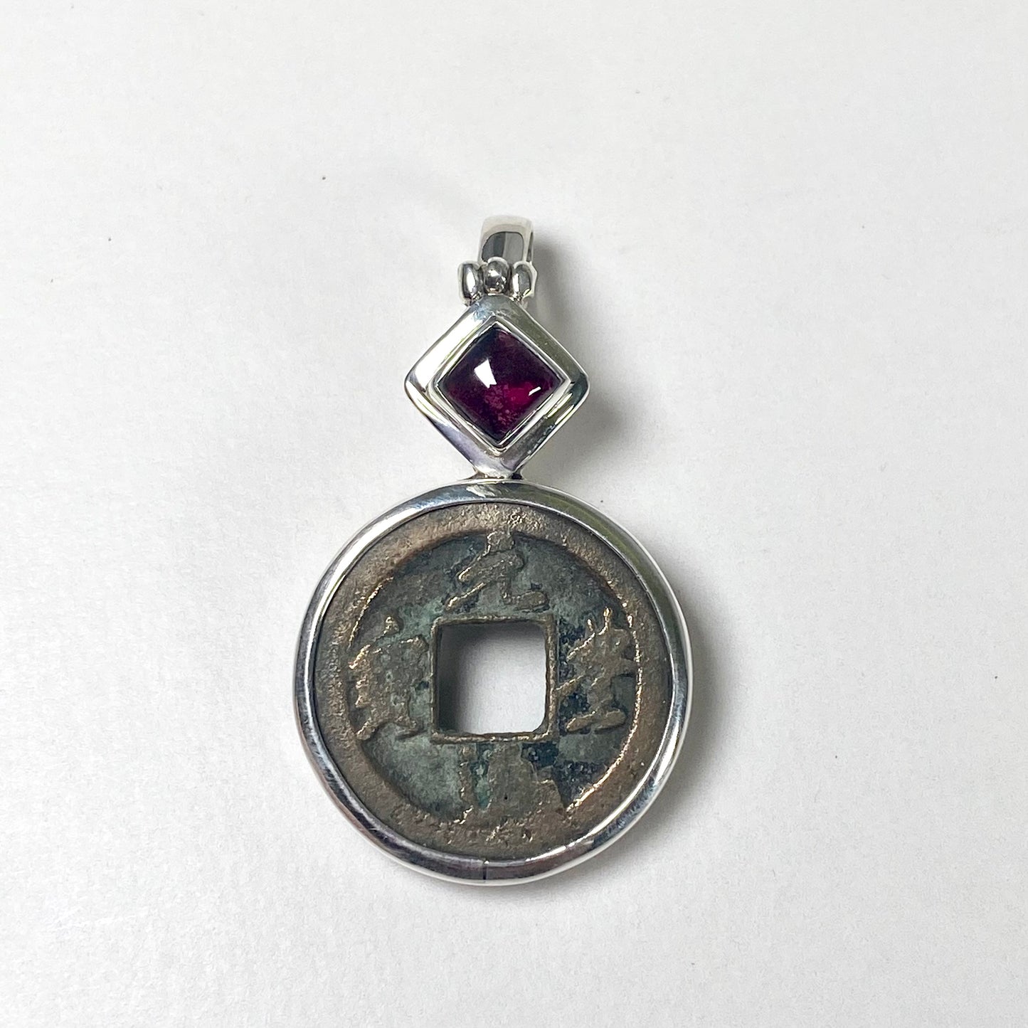 Antique Northern Song Shenzong Reign Cash Coin Pendant- Sterling Silver w Garnet circa 1078-1085