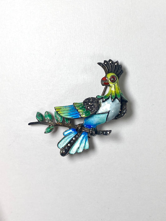 Vintage Art Deco sterling silver, enamel and marcasite figural Bird Brooch