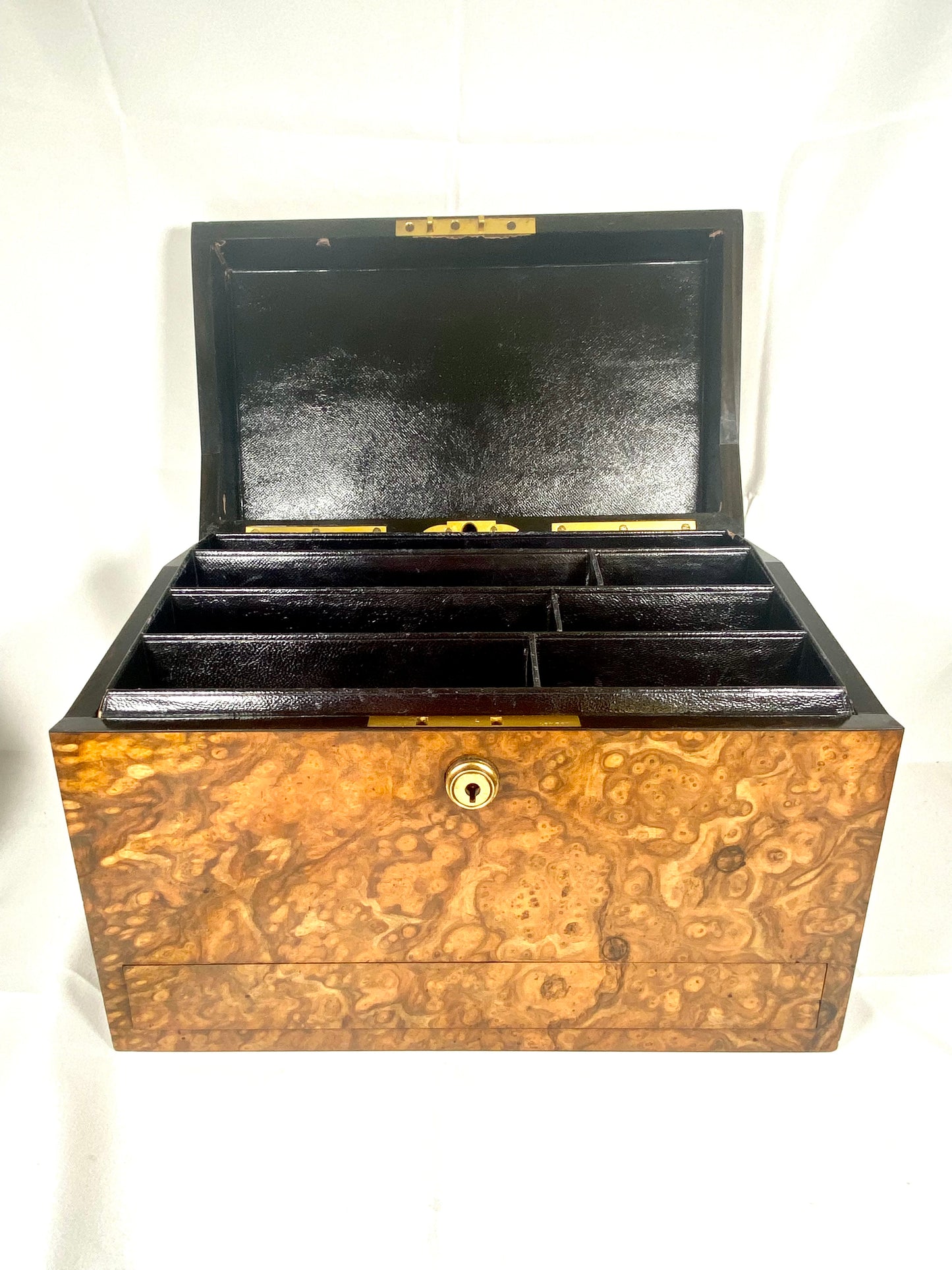 Fine Antique Victorian Burr Walnut Writing and Stationery Box w Bramah Lock, John T Anderson & Co.