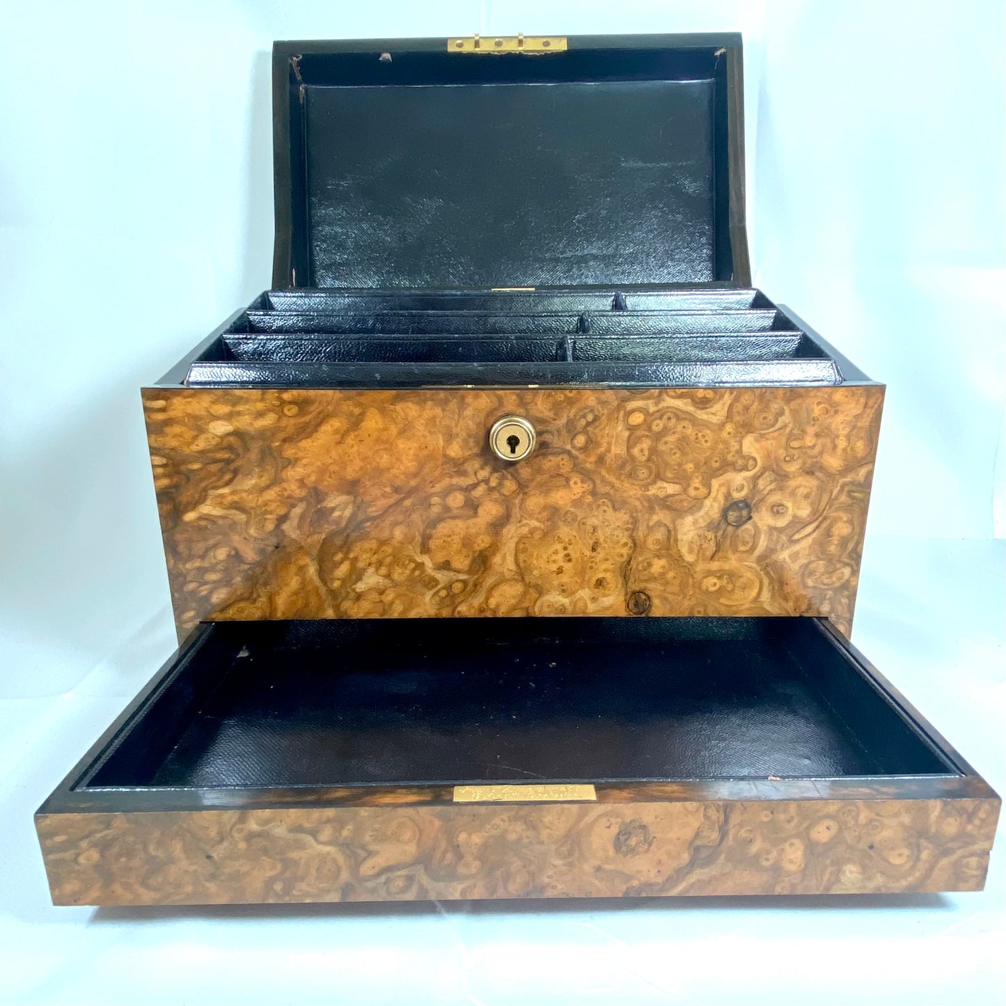 Fine Antique Victorian Burr Walnut Writing and Stationery Box w Bramah Lock, John T Anderson & Co.