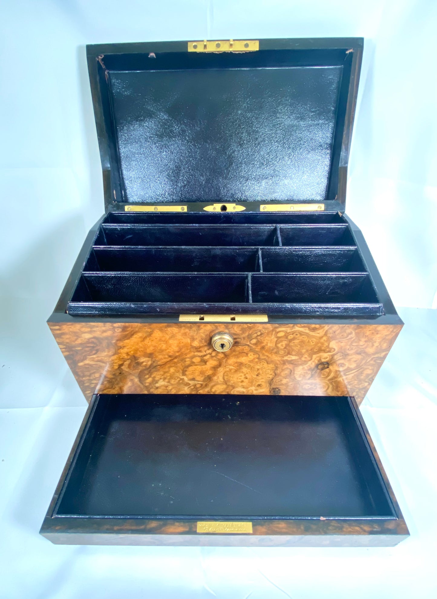 Fine Antique Victorian Burr Walnut Writing and Stationery Box w Bramah Lock, John T Anderson & Co.