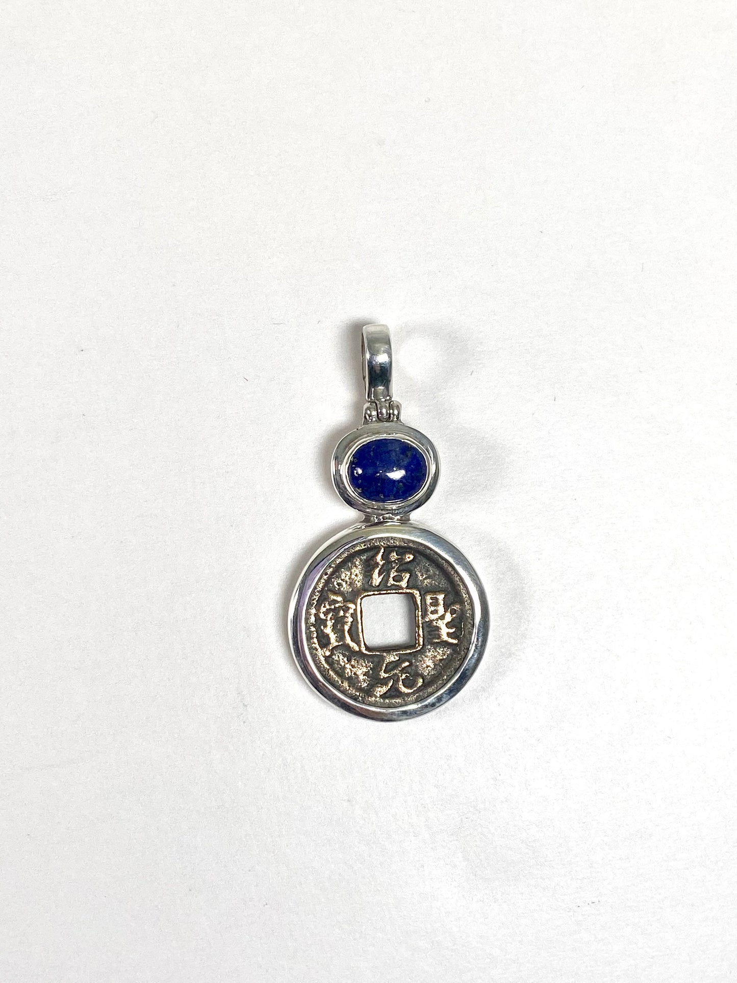 Antique Northern Song Dynasty Cash Coin Pendant, Zhezong Reign Period, Sterling Silver with Lapis