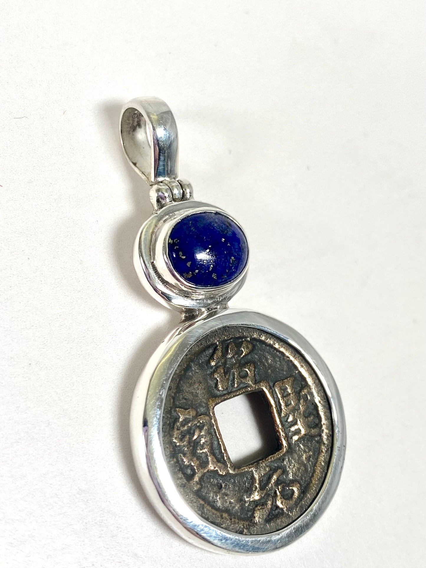 Antique Northern Song Dynasty Cash Coin Pendant, Zhezong Reign Period, Sterling Silver with Lapis