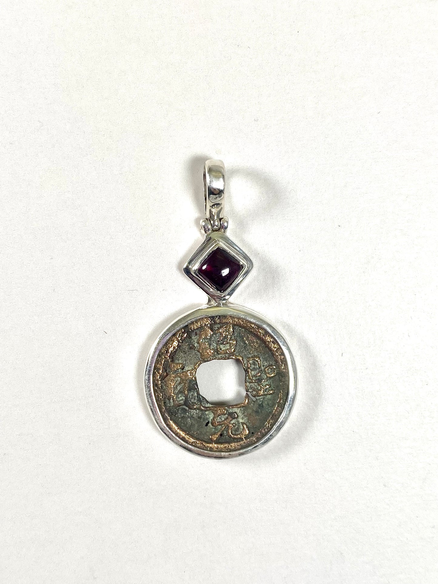 Antique Northern Song Dynasty Cash Coin Pendant, Zhezong Reign Period, Sterling Silver with Garnet