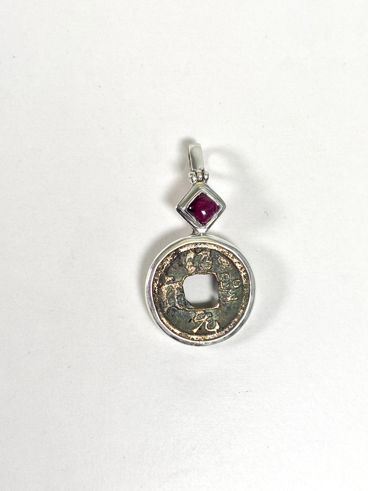 Antique Northern Song Dynasty Cash Coin Pendant, Zhezong Reign Period, Sterling Silver with Garnet