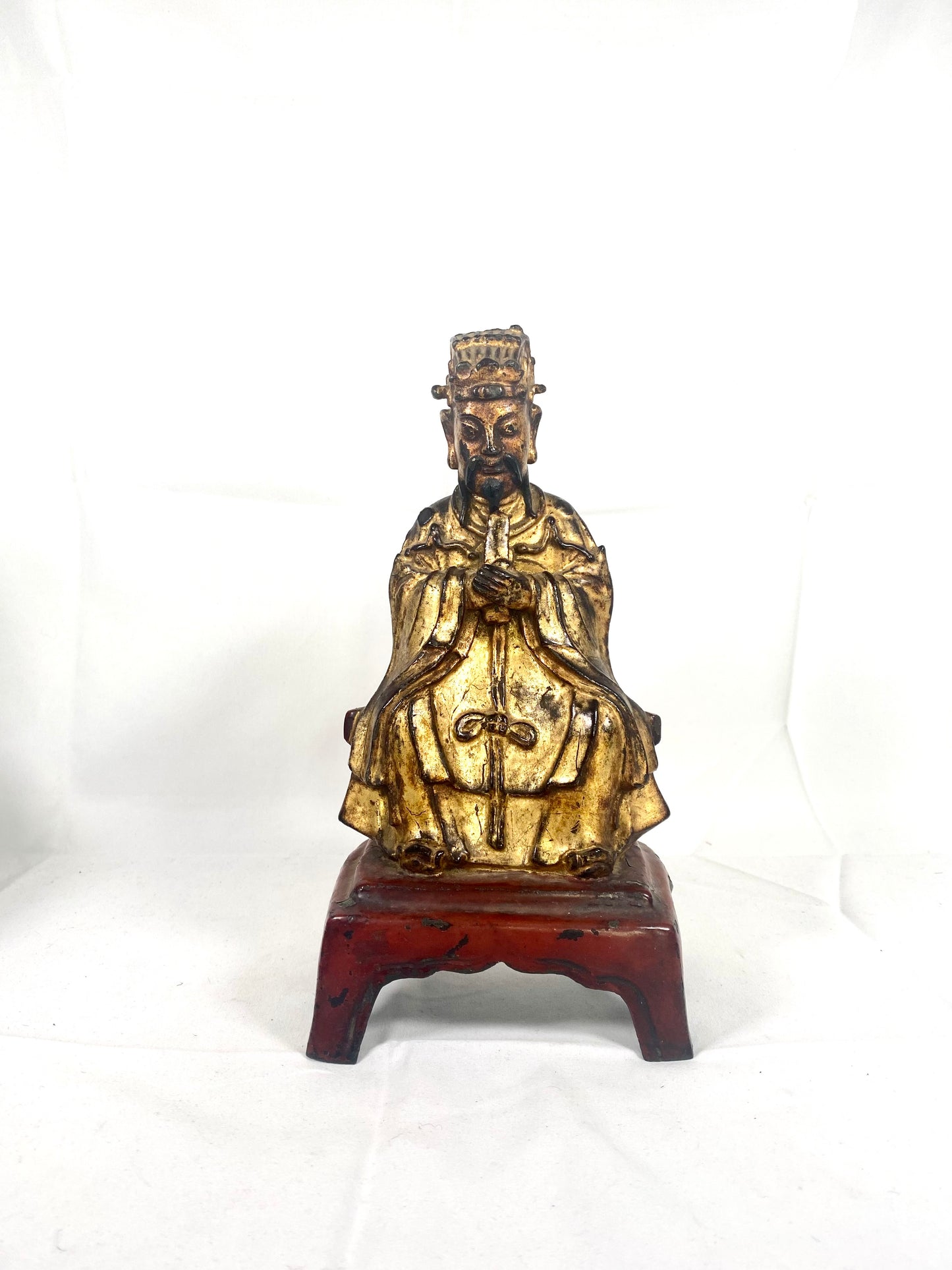 Antique Chinese late Ming to early Qing scholar-official gilt bronze statue