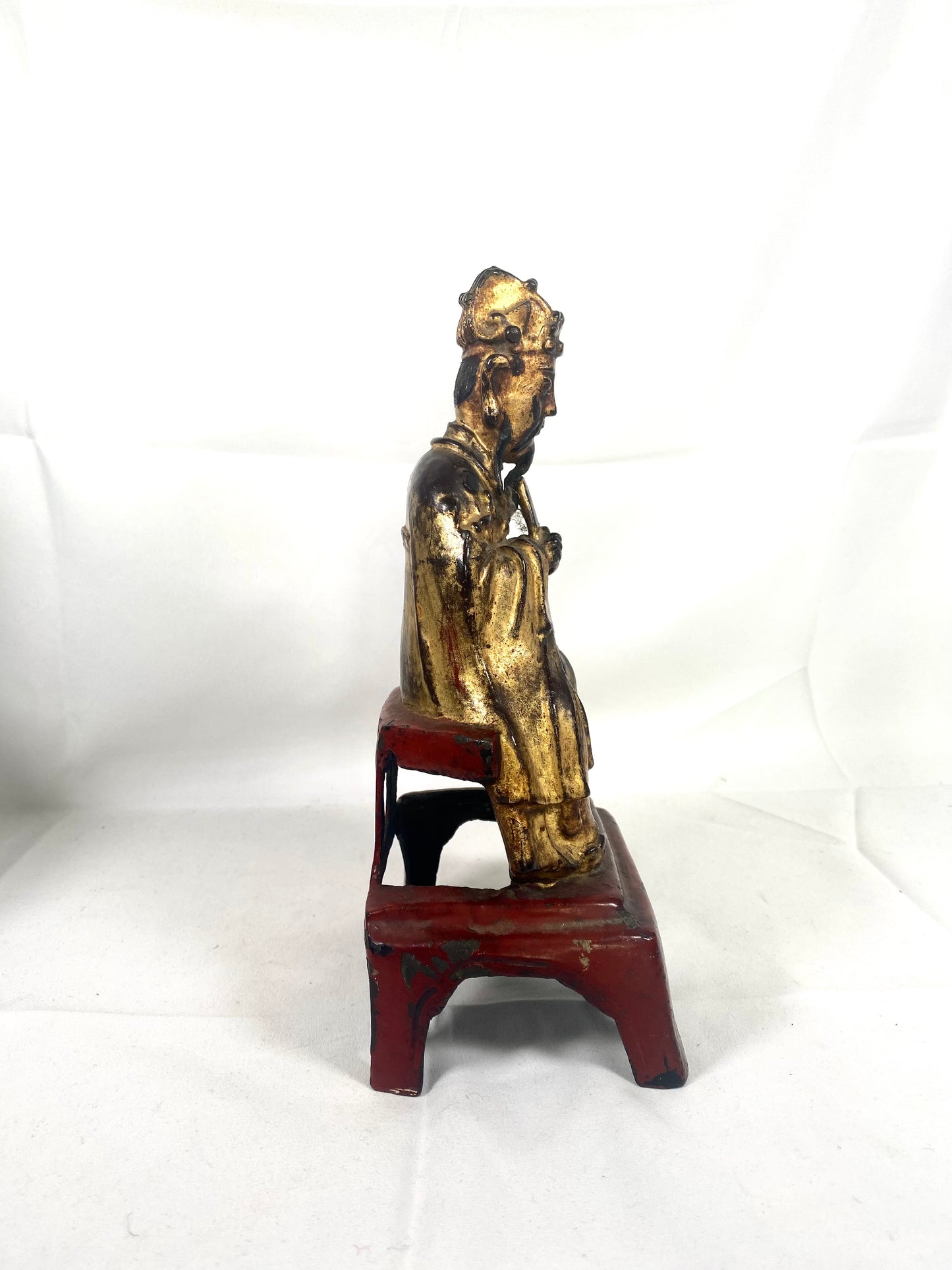 Antique Chinese late Ming to early Qing scholar-official gilt bronze statue