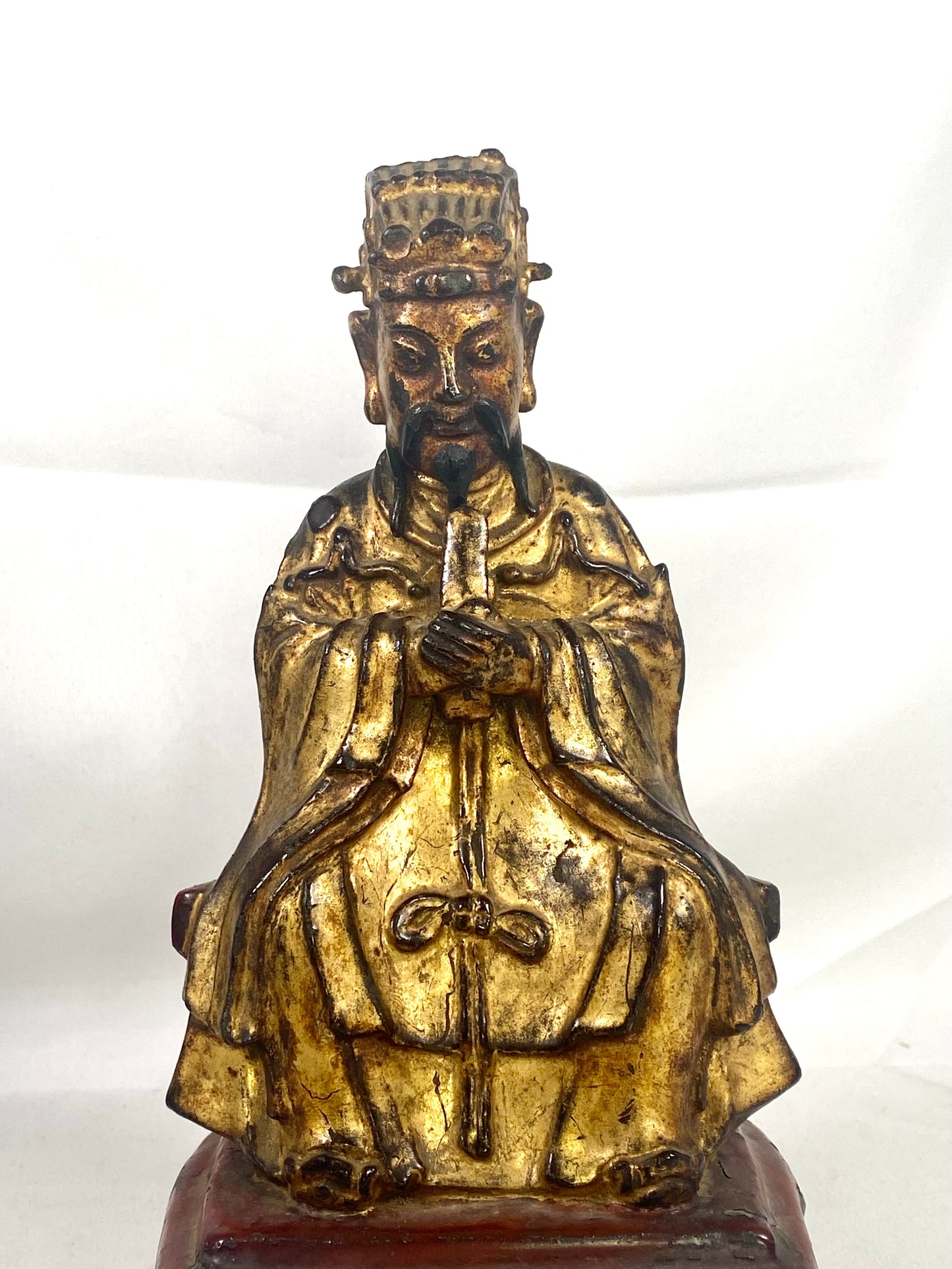 Antique Chinese late Ming to early Qing scholar-official gilt bronze statue