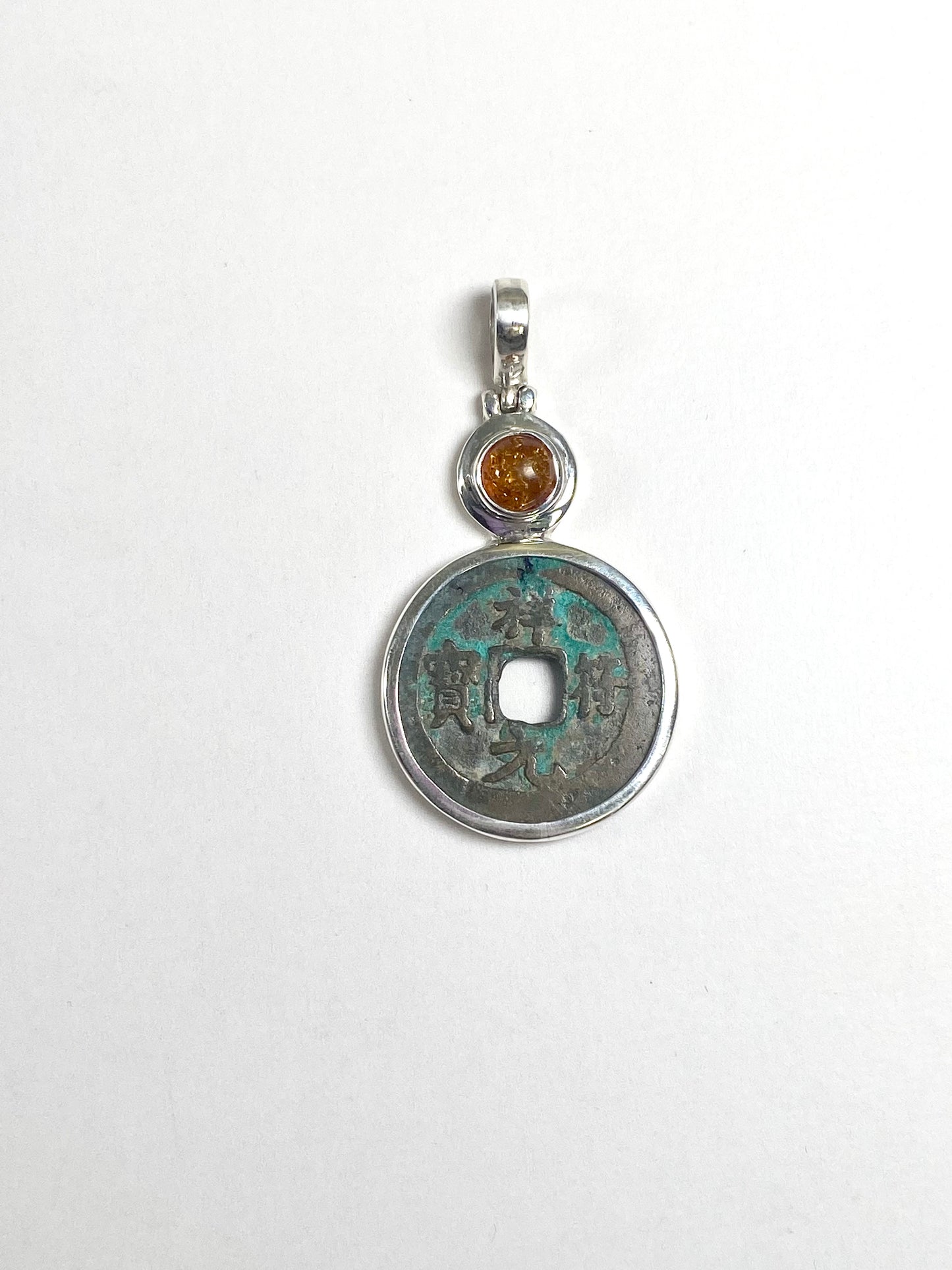 Antique Northern Song Zhenzong Reign Cash Coin Pendant- Sterling Silver w Amber circa 1008-1016