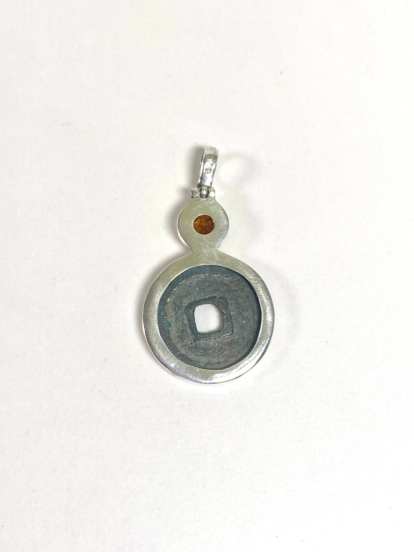 Antique Northern Song Zhenzong Reign Cash Coin Pendant- Sterling Silver w Amber circa 1008-1016