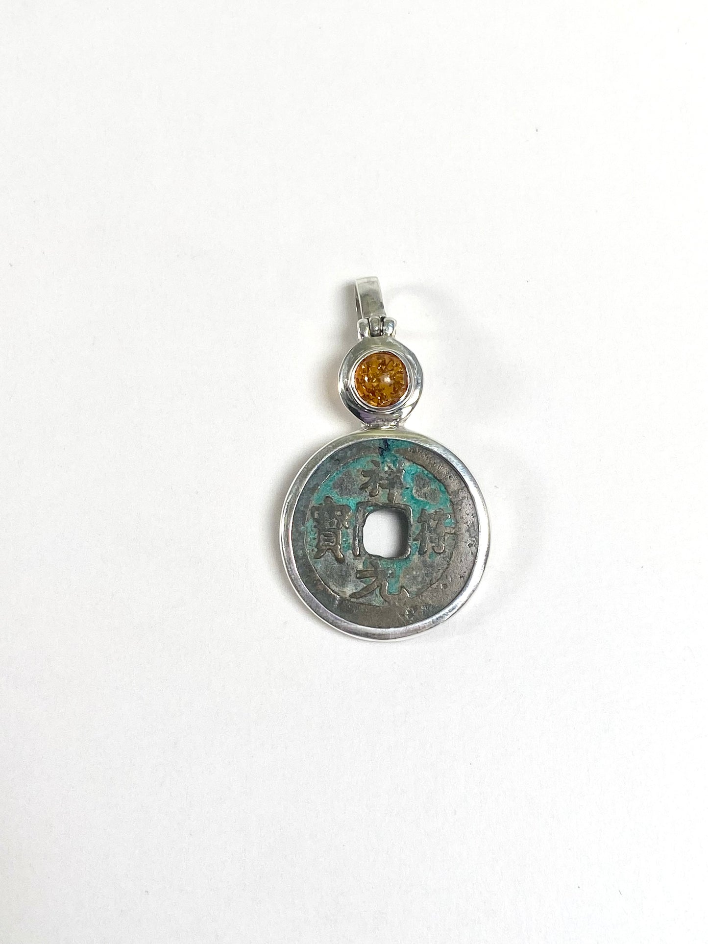 Antique Northern Song Zhenzong Reign Cash Coin Pendant- Sterling Silver w Amber circa 1008-1016