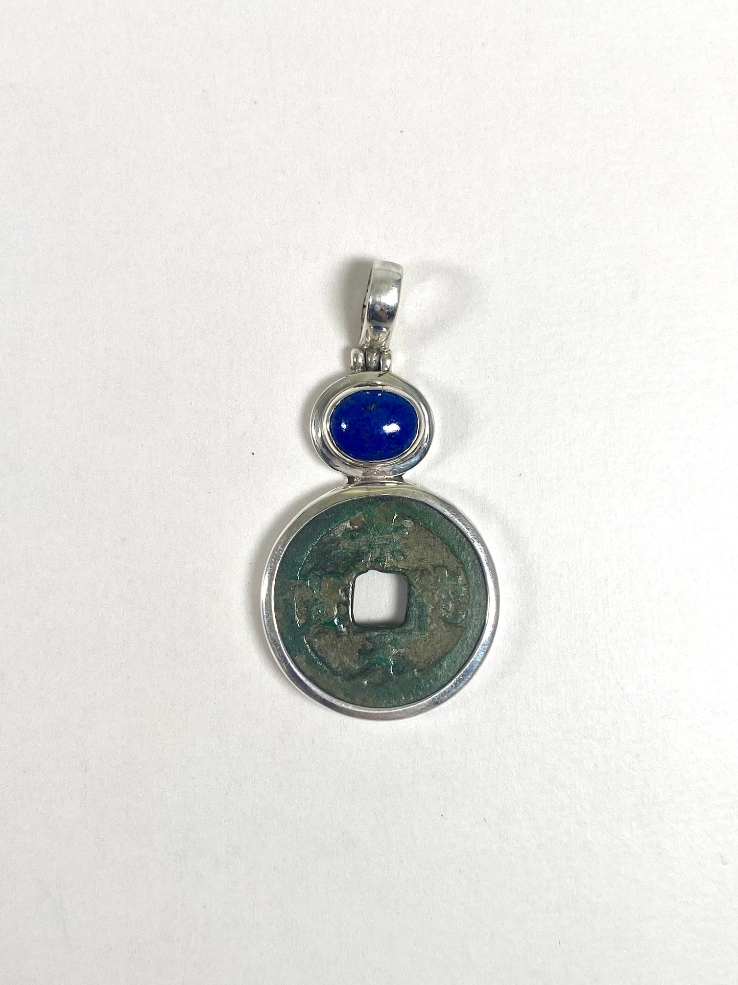 Antique Northern Song Shenzong Reign Cash Coin Pendant- Sterling Silver w Lapis circa 1004-1007